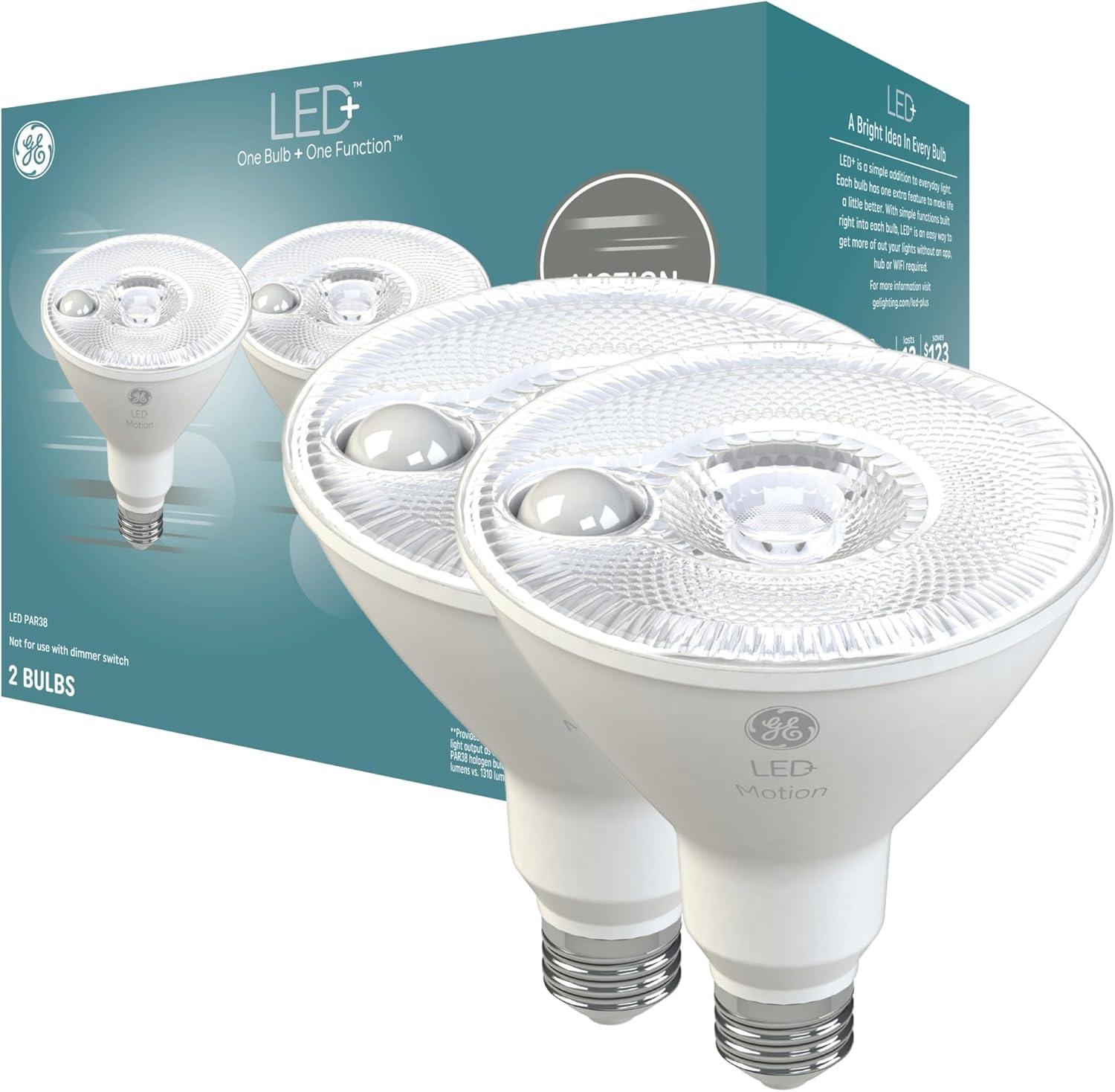 (2 pack) GE LED+ Motion LED Light Bulbs, 15 Watt, Security Light, PAR38, Medium Base
