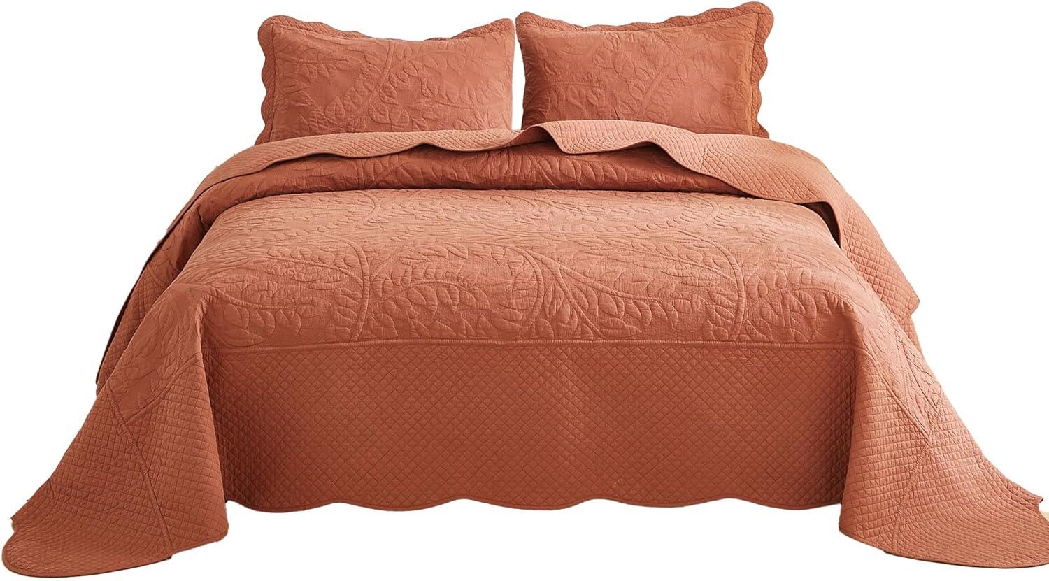 Oversized Orange Cotton Queen Bedspread Set with Quilted Pattern