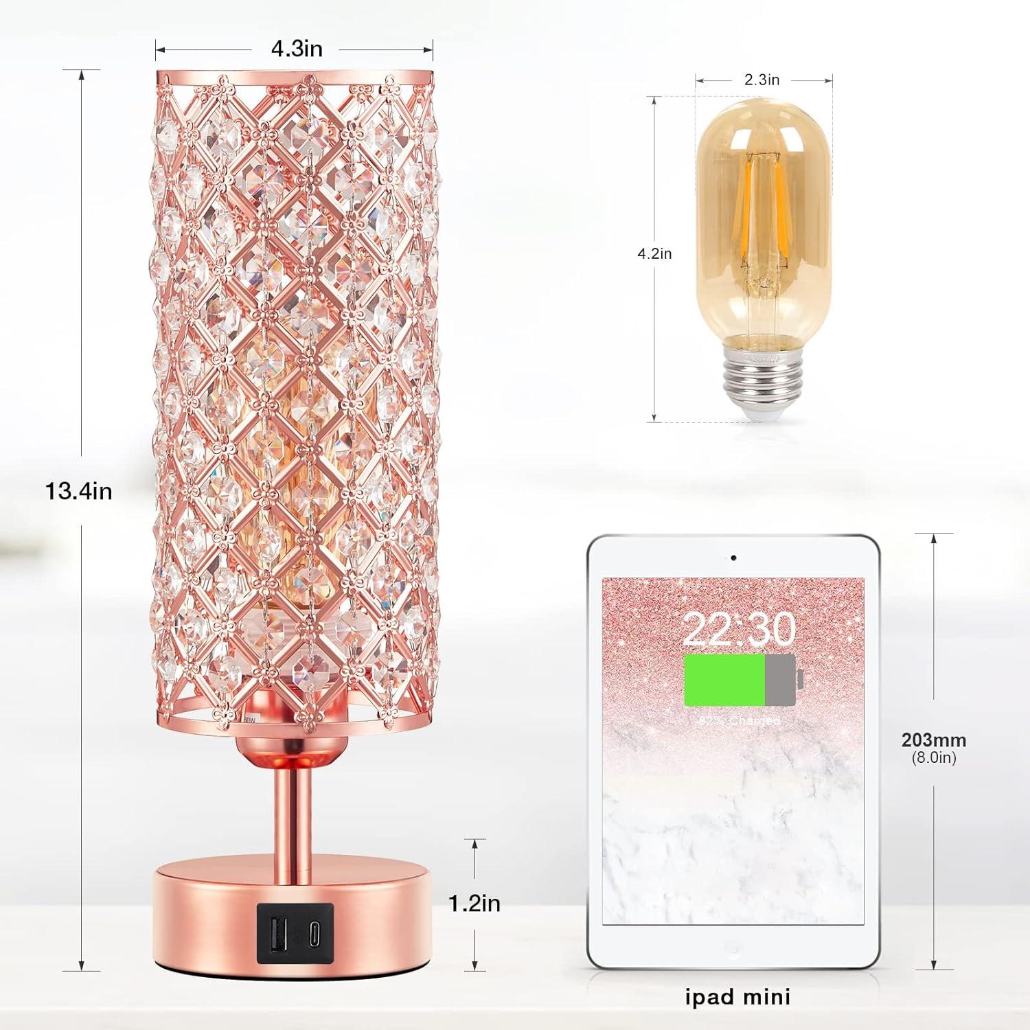 Rose Gold Crystal Touch Table Lamp with USB Ports