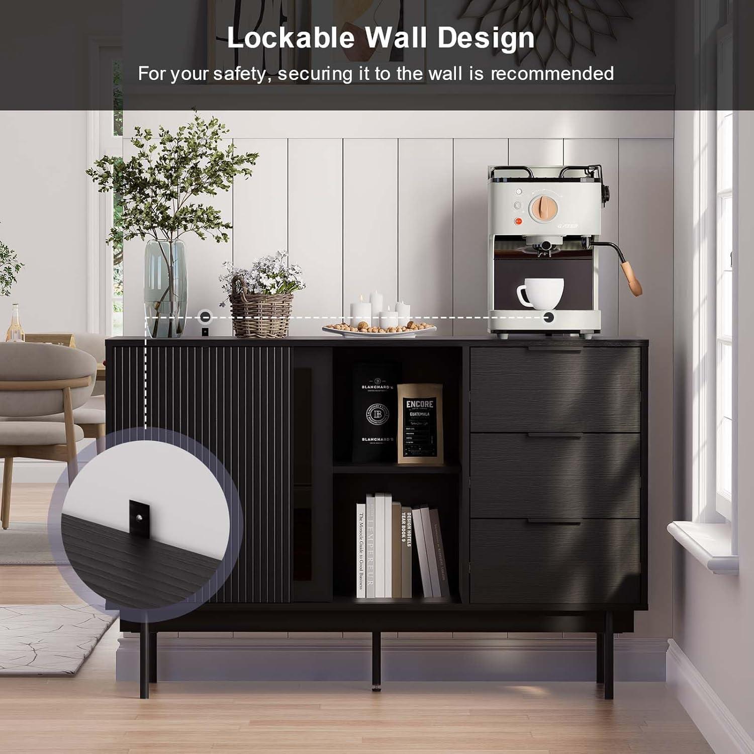 Ebern Designs Ebern Designs Sideboard Anetha, 47" X 31.5" Buffet Anetha With Storage, Black Sideboard With 2 Sliding Doors & 3 Drawers, Wood Coffee Bar Entryway Storage For Living Room