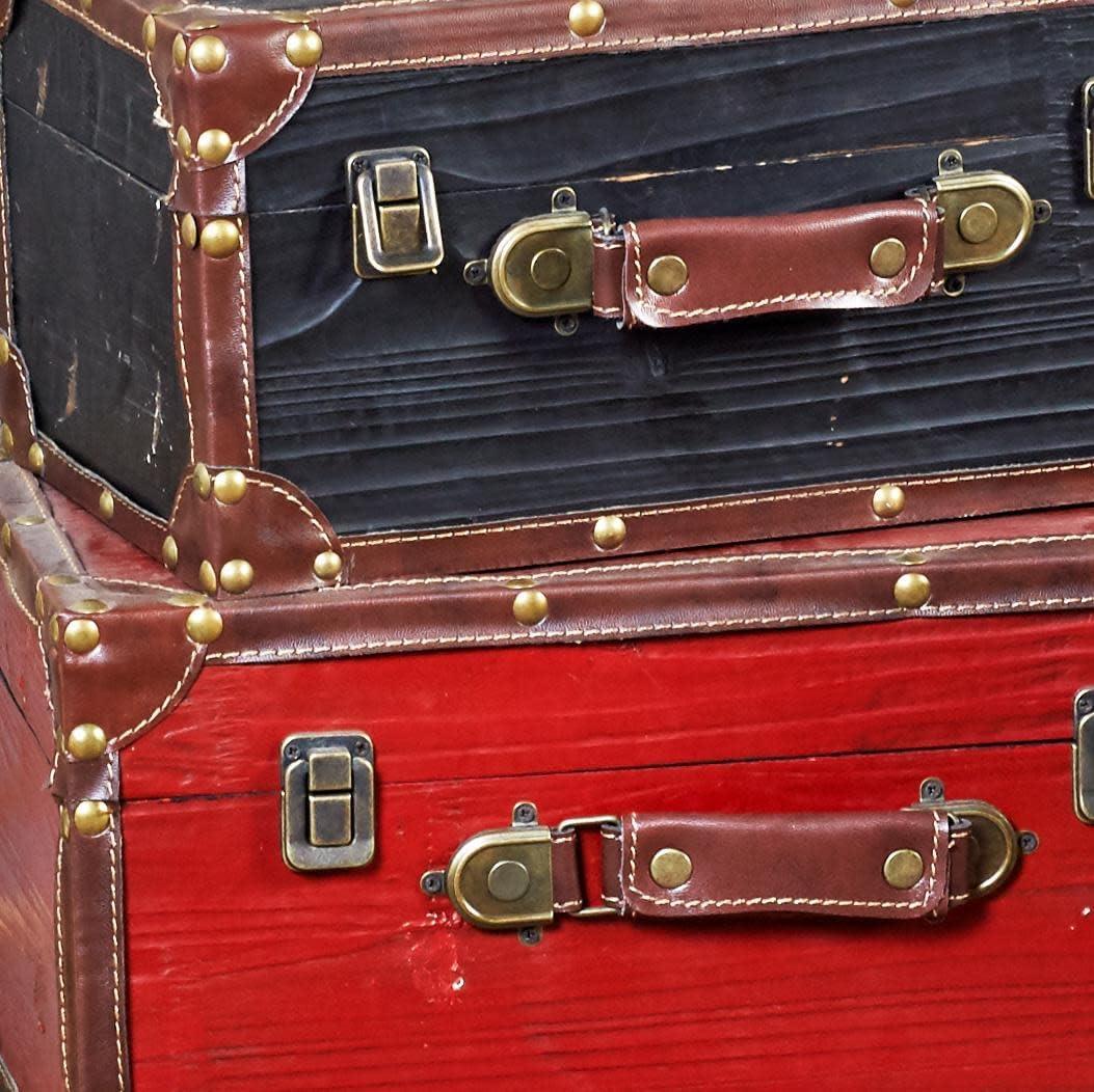 Set of 3 Multicolor Wood and Leather Storage Trunks