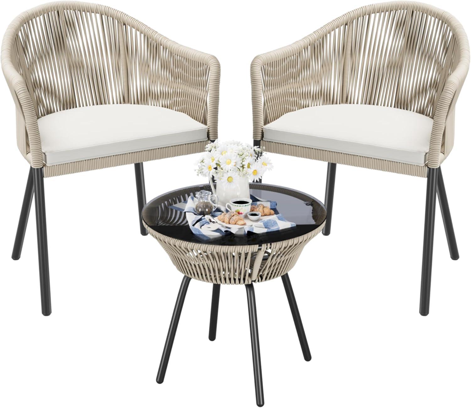 3 Piece Patio Set Outdoor Wicker Patio Chairs with Coffee Table & Cushions Bistro Conversation Set Porch Furniture for Balcony  Deck  Backyard