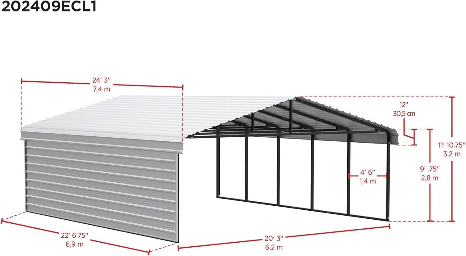 Arrow 24 x 20 ft Charcoal Carport with 1-sided Enclosure