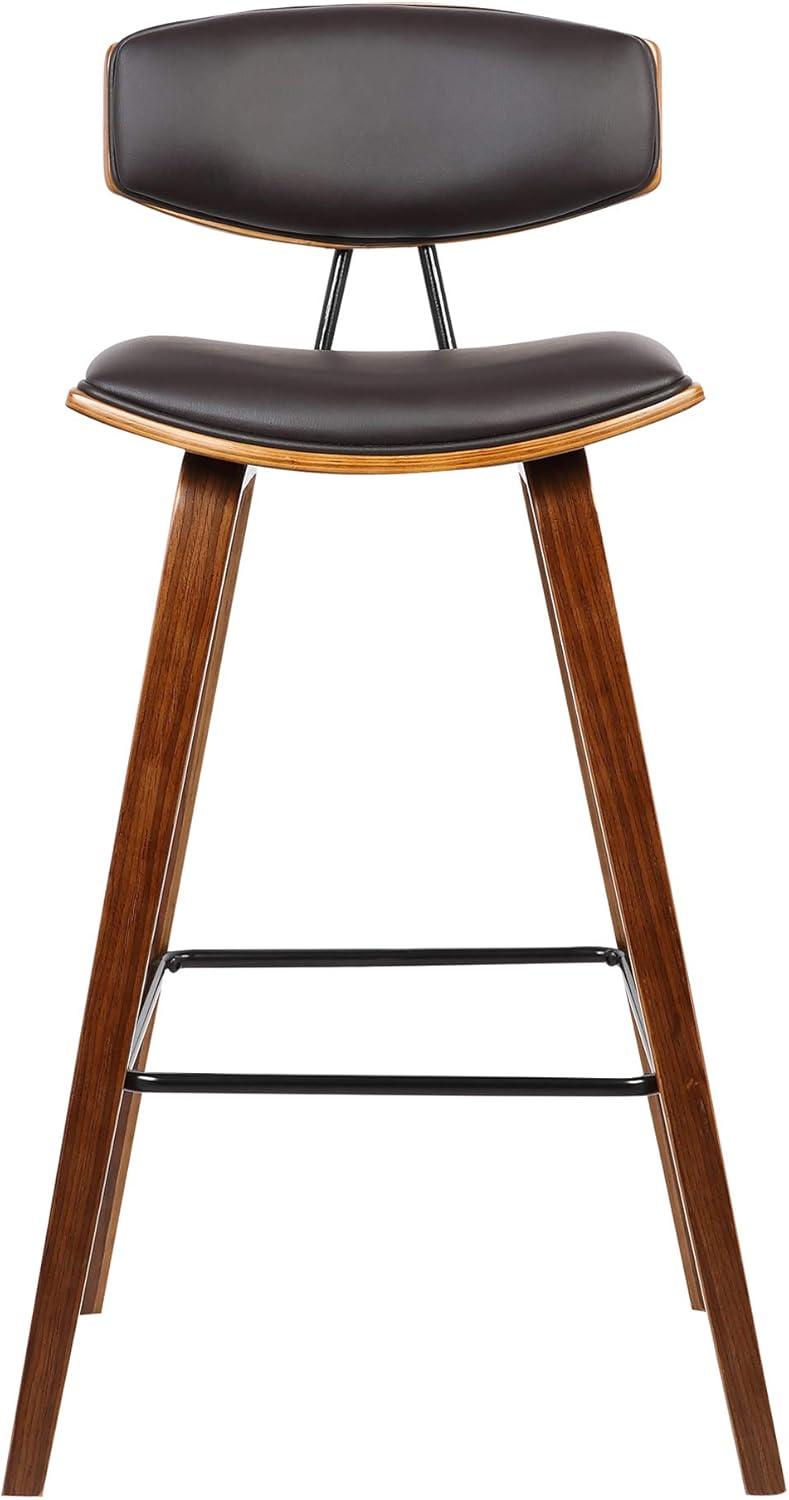 Armen Living 26" Fox Mid-Century Counter Height Barstool in Brown Faux Leather with Walnut Wood: Upholstered Square Seat, Padded Back