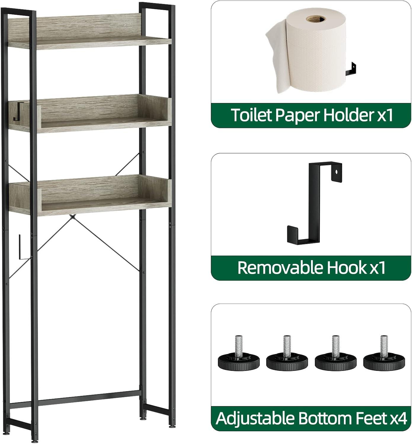 White Oak Freestanding Over-The-Toilet Storage Rack with Black Frame