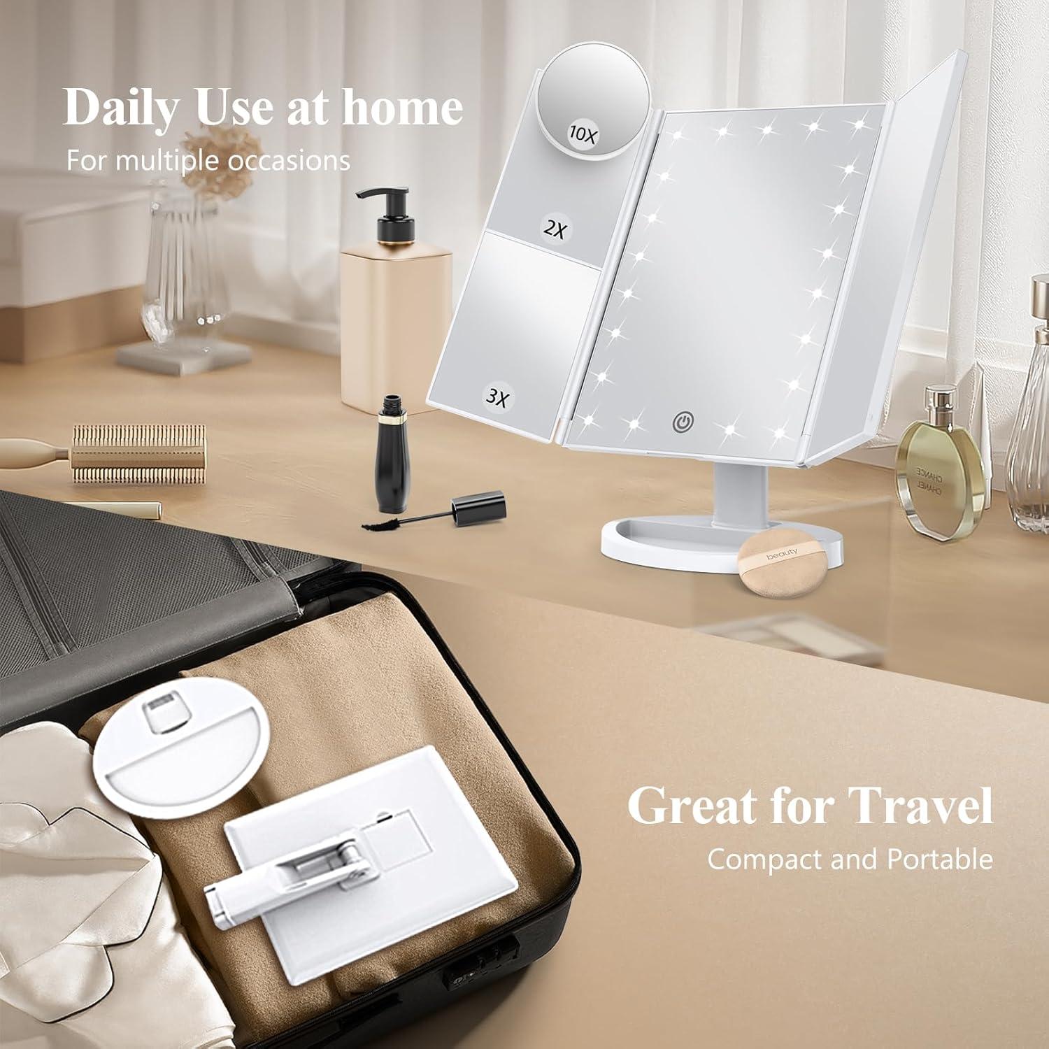 HUONUL Makeup Mirror Vanity Mirror with Lights, 2X, 3X, 10X Magnification, Touch Control, Trifold, White, 9.4"L x 13.4"W, Modern Style, Dresser Mount, Bathroom