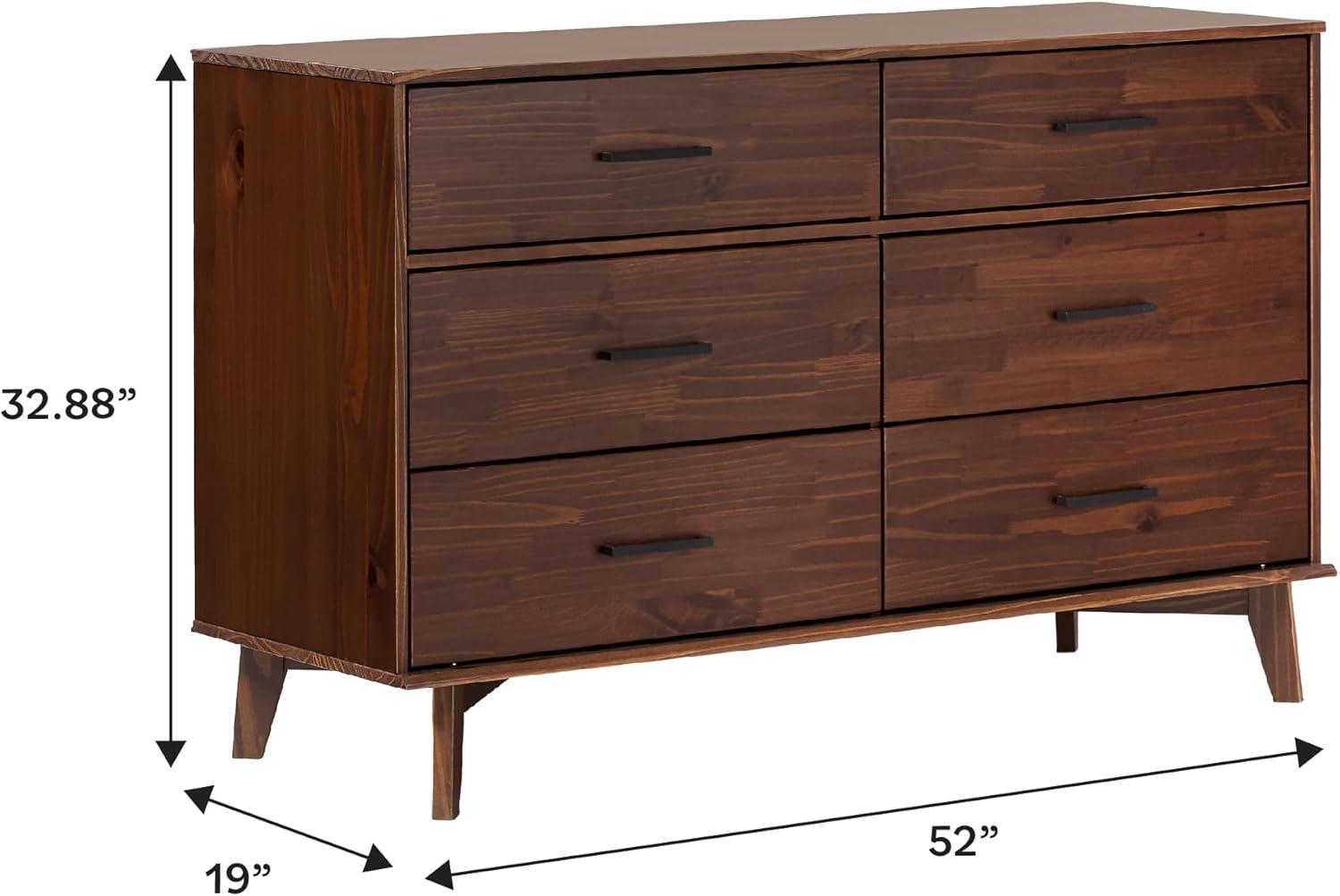 Walnut Solid Pine Wood 6-Drawer Dresser with Metal Handles