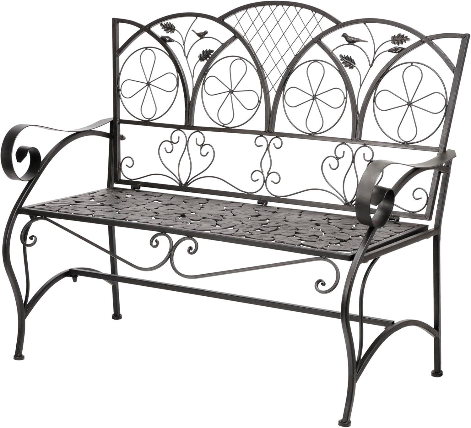 38" x 45" Iron Birds and Leaves Outdoor Garden Bench Brown - Alpine Corporation: Weatherproof, Decorative Yard Seating