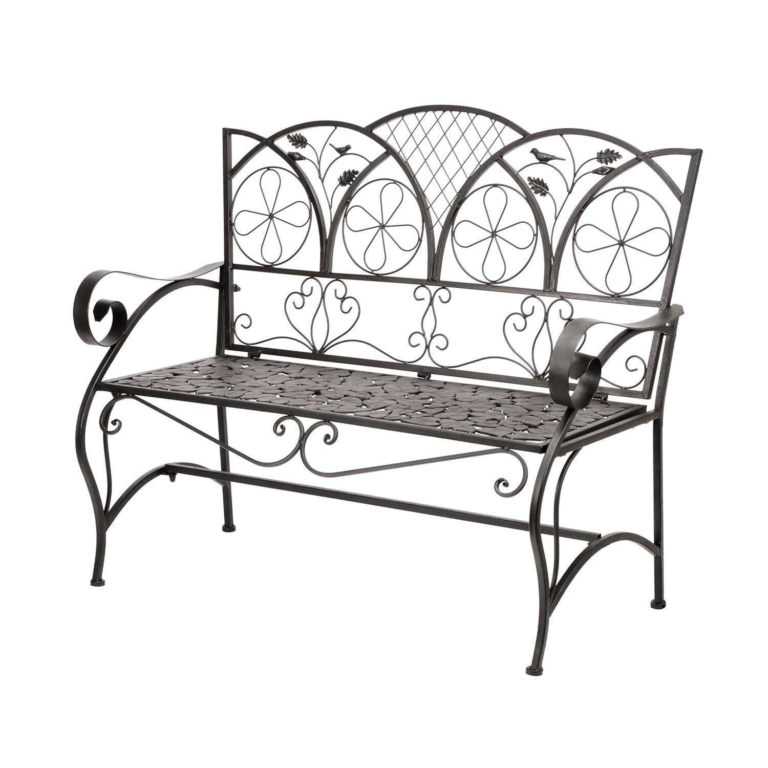 38" x 45" Iron Birds and Leaves Outdoor Garden Bench Brown - Alpine Corporation: Weatherproof, Decorative Yard Seating