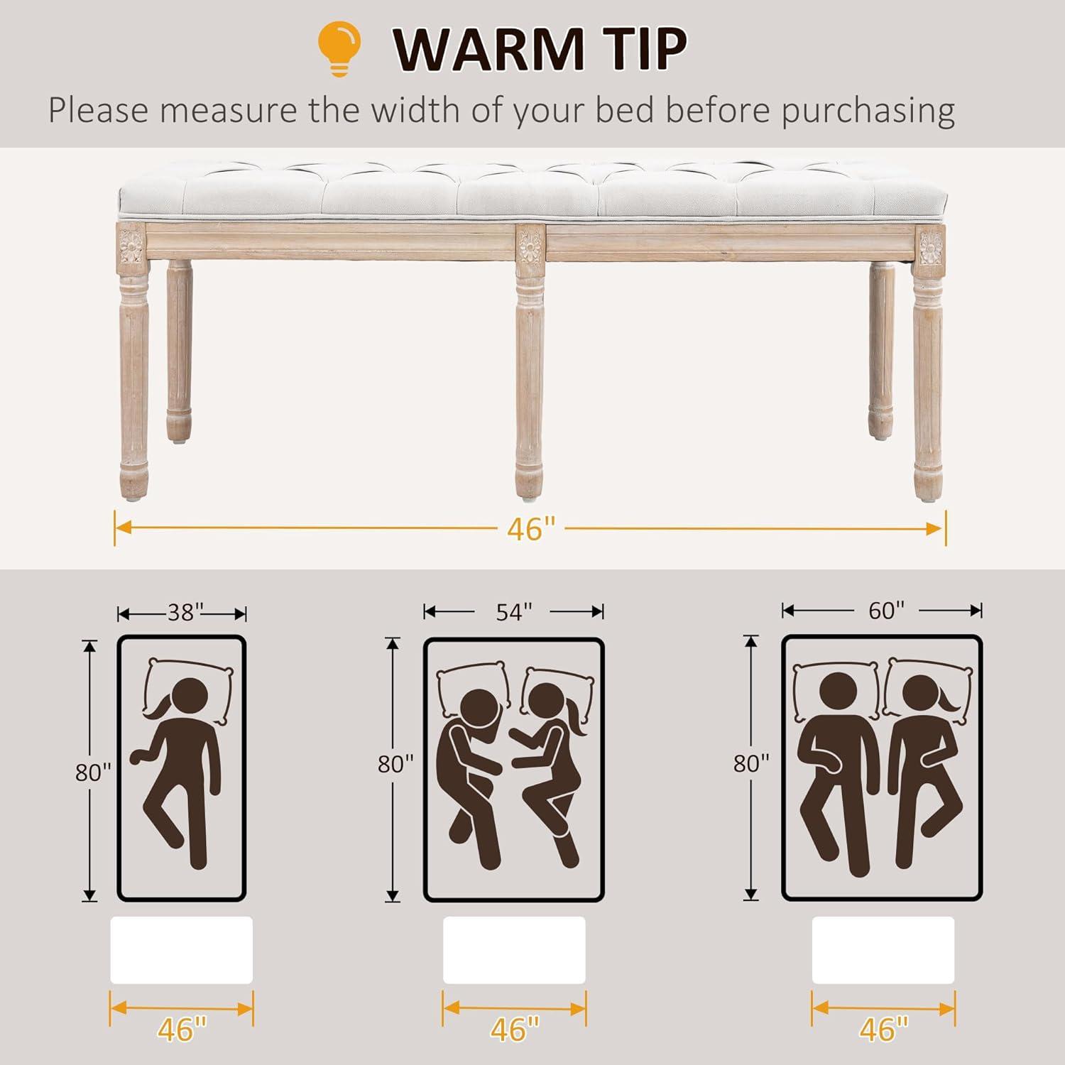 HOMCOM French Vintage Style End of Bed Bench, Linen Upholstered Bench with Thick Padded Seat and Wood Legs, Tufted Bedroom Bench, Cream White