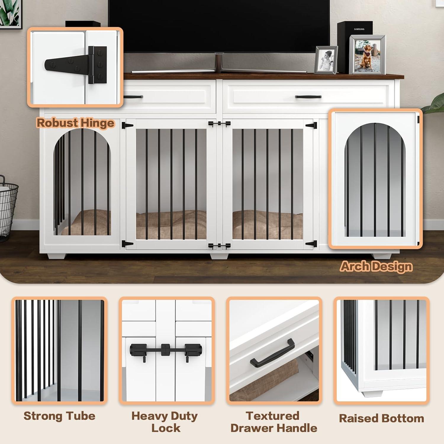 Tucker Murphy Pet™ 74.8" XXL Double Dog Kennel Furniture For Large Breed,Heavy Duty Wooden Dog Crate Cage Furniture Style With Storage Rack And Divider For 2 Dogs Indoor,White & Reviews | Wayfair