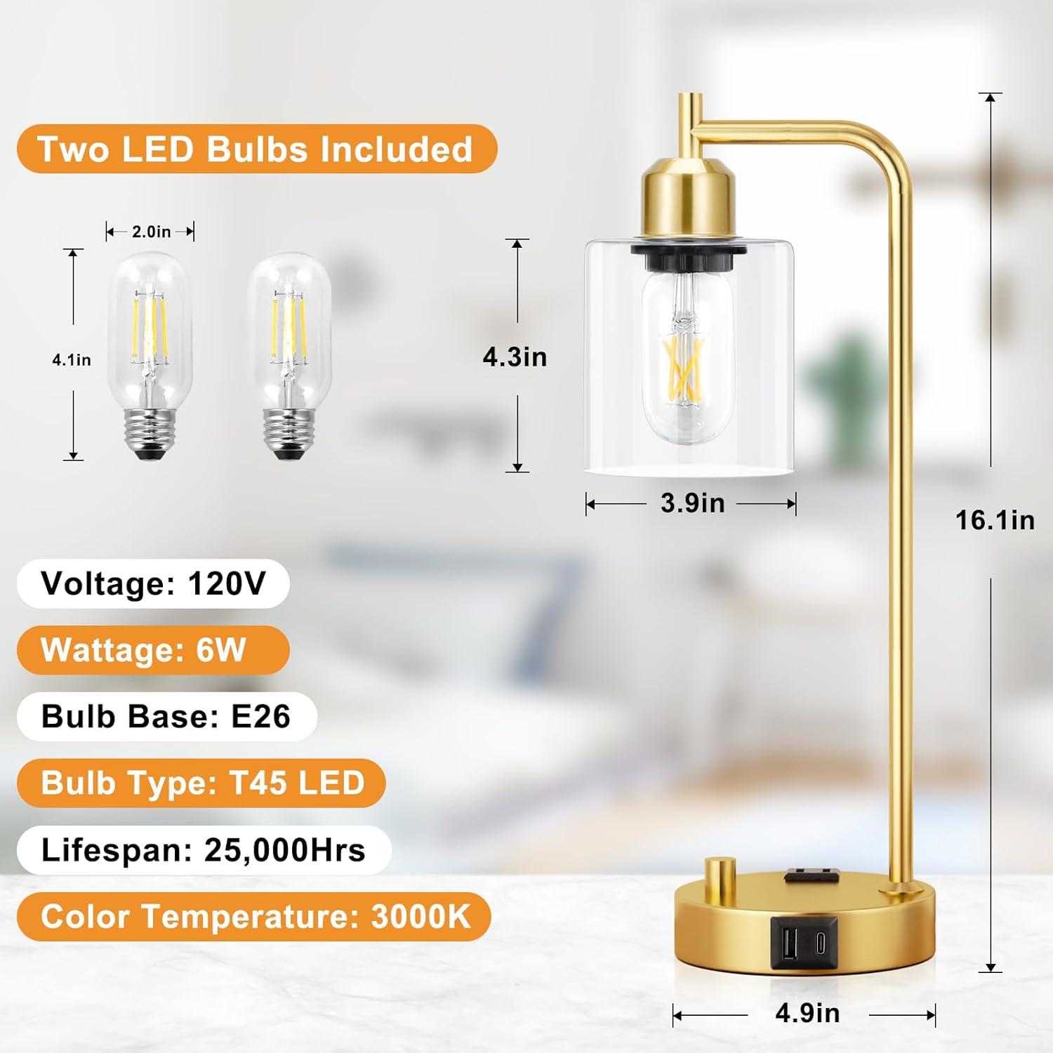 【Upgraded】Set of 2 Industrial Table Lamps with 2 USB Port, Fully Stepless Dimmable Bedside Lamps for Bedroom, Nightstand Desk Lamps with Glass Shade for Bedroom Living Room Office 2 LED Bulb Included