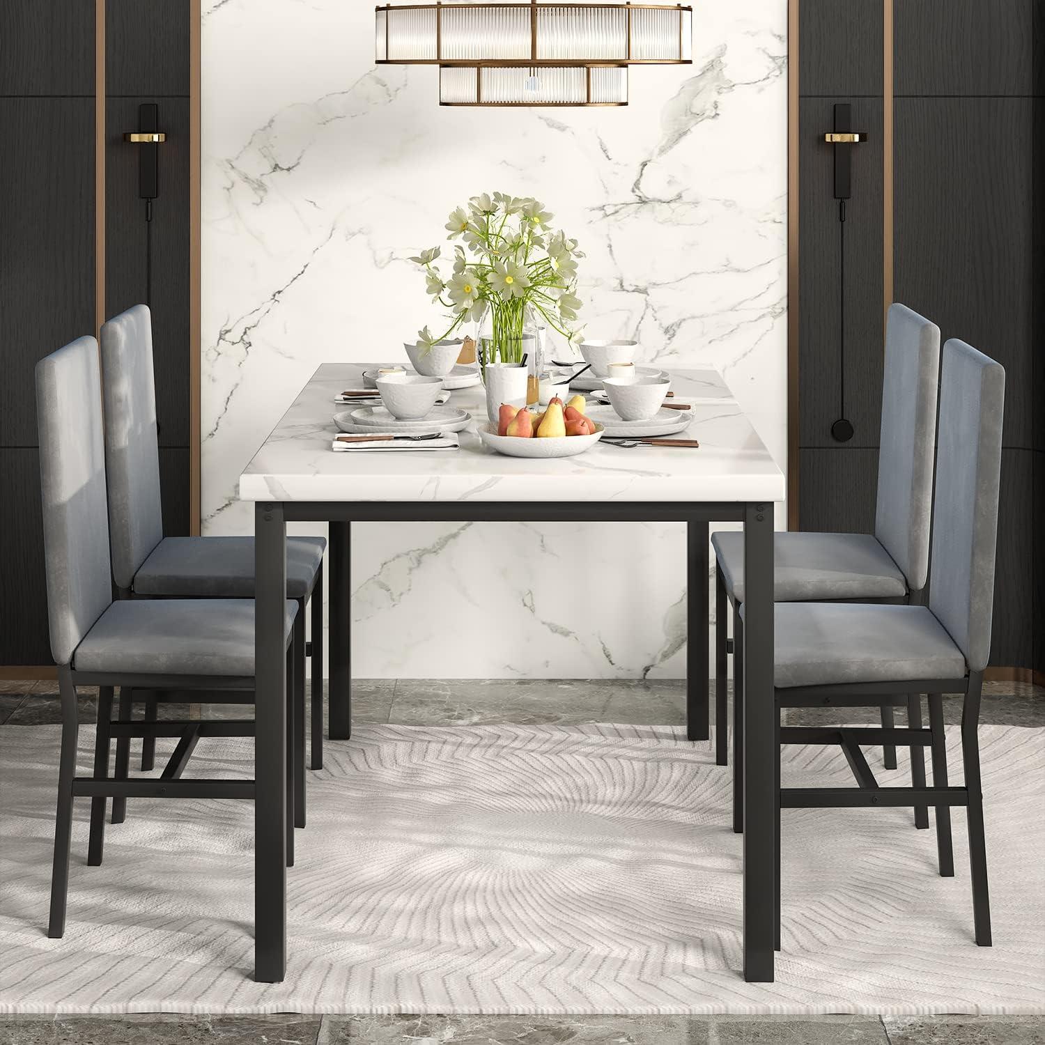 Recaceik 5-Piece Marble Dining Table Set with 4 Velvet Metal Frame Chairs for 4, 31.2"H Table