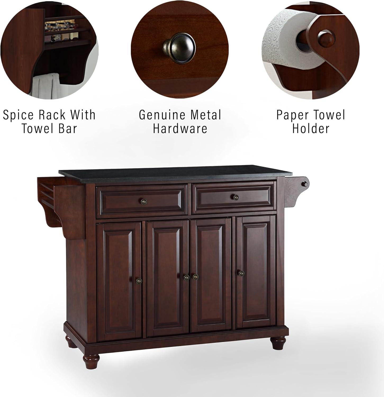 Cambridge Black Granite Top Full Size Kitchen Island/Cart Mahogany - Crosley: With Cabinets, Spice Rack, Towel Holder