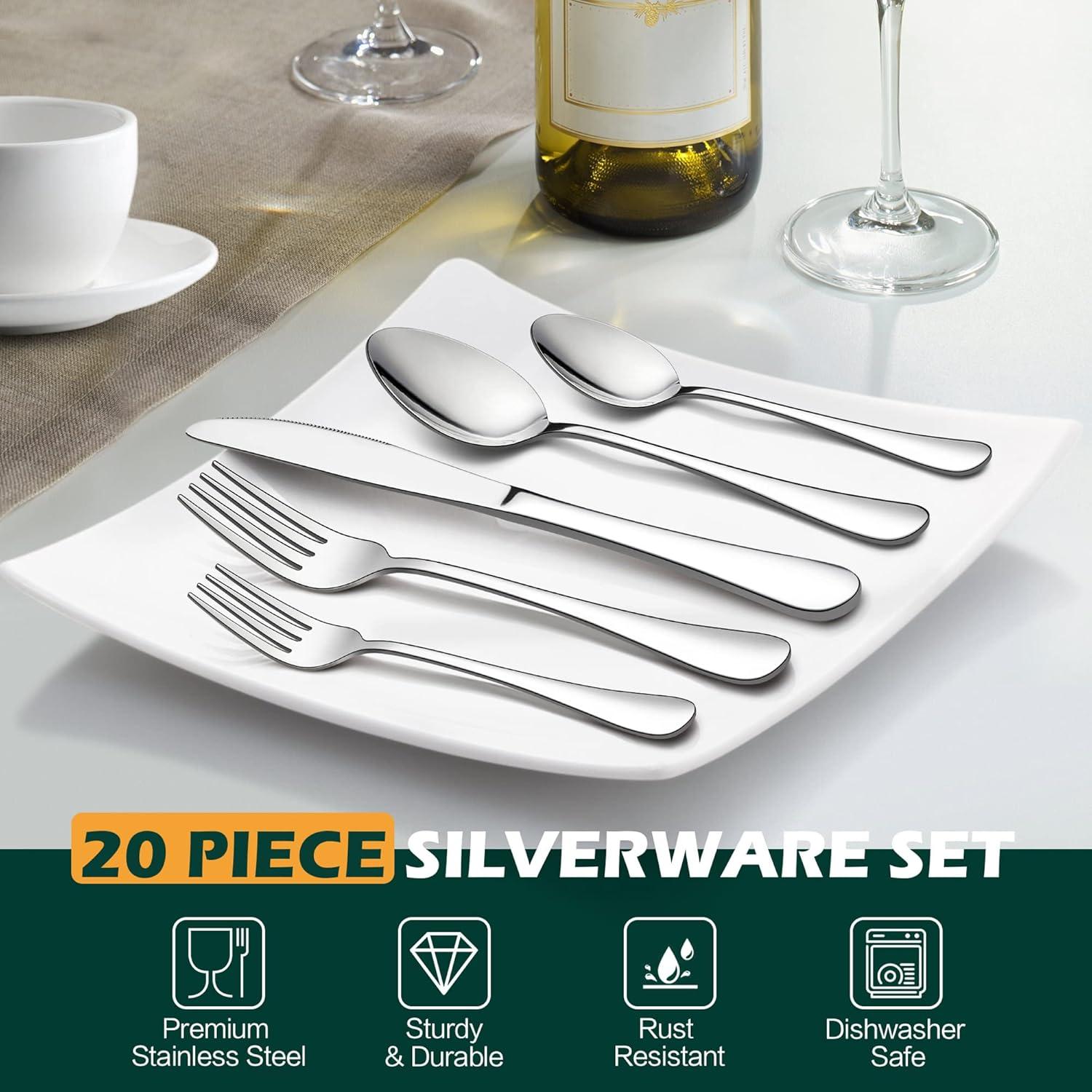 LIANYU 20-Piece Mirror Polished Stainless Steel Flatware Set