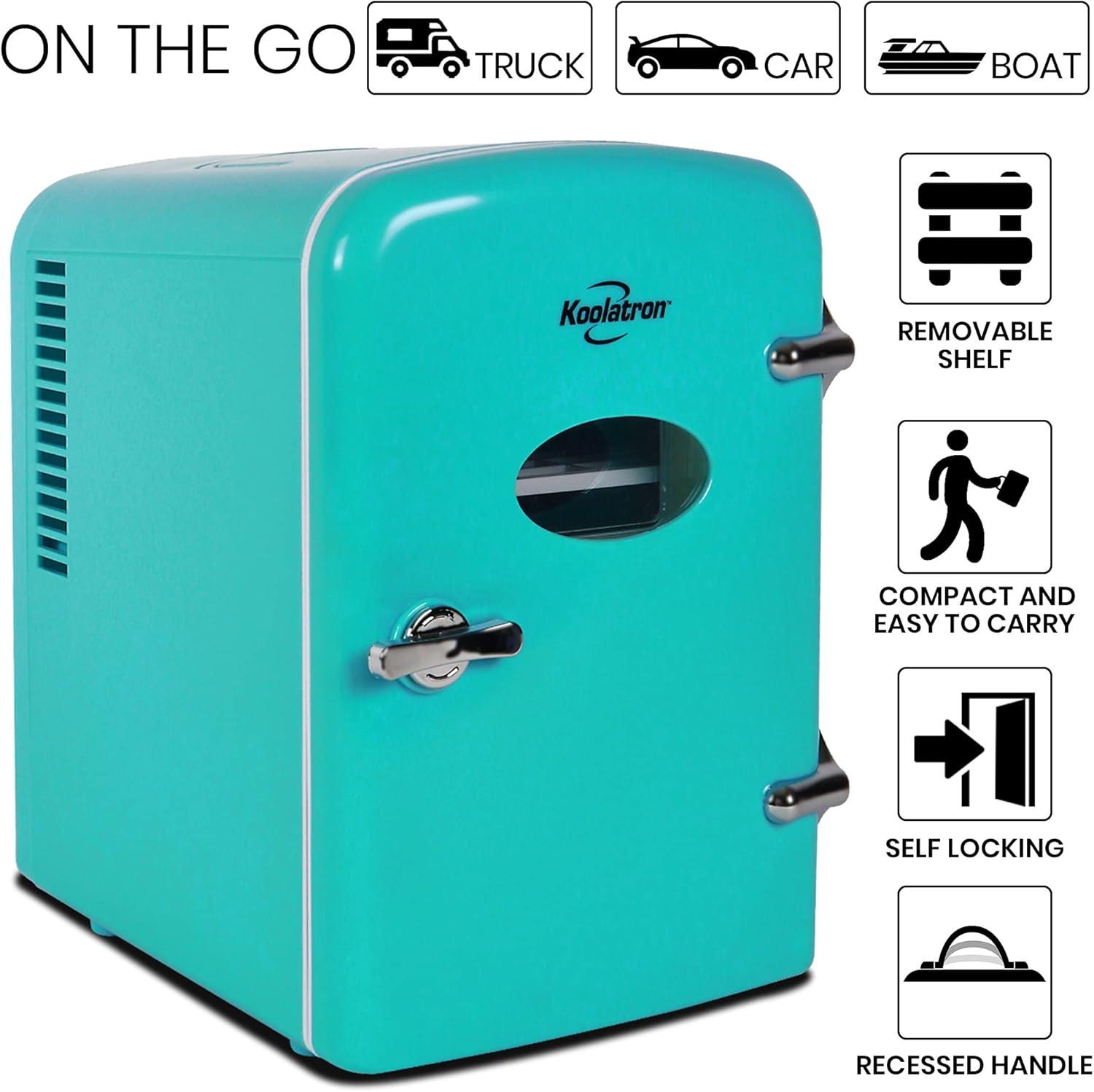 Koolatron Retro Portable Cooler 6 Can, 4 L, AC/DC Mini Fridge Cooler,  Aqua