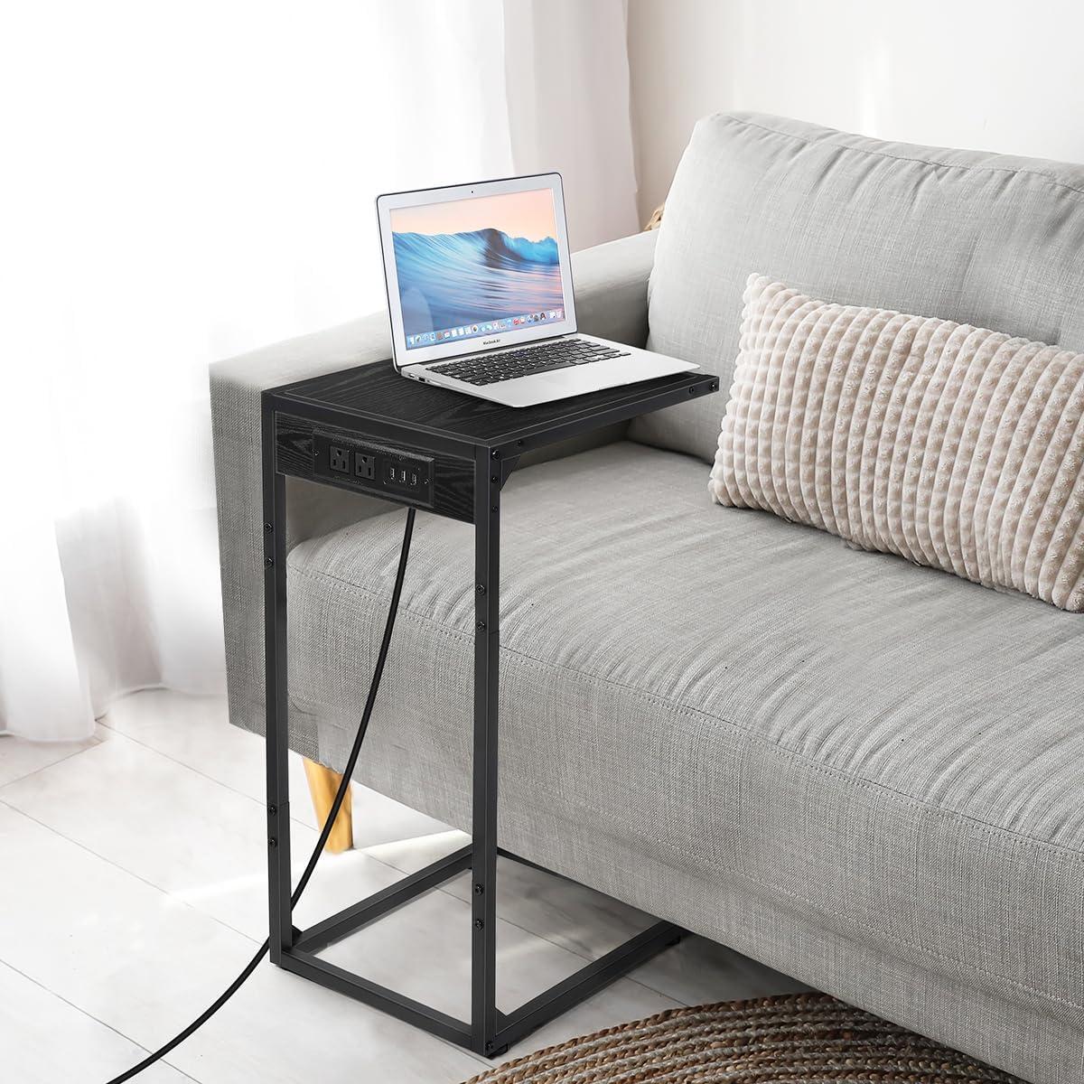 Black Metal C-Shaped End Tables with Charging Station