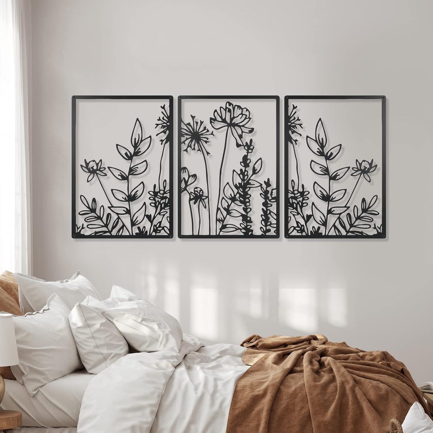 Black Metal Floral Minimalist Wall Art Set of 3