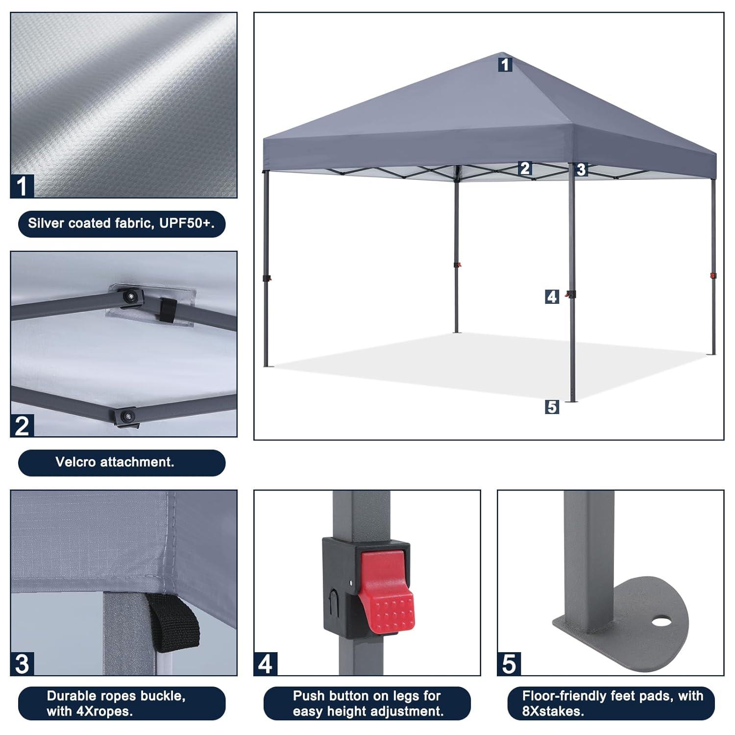 ABCCANOPY 10 ft x 10 ft Easy Pop up Outdoor Portable Instant One Push Function Canopy Tent with Air Vent, Gray
