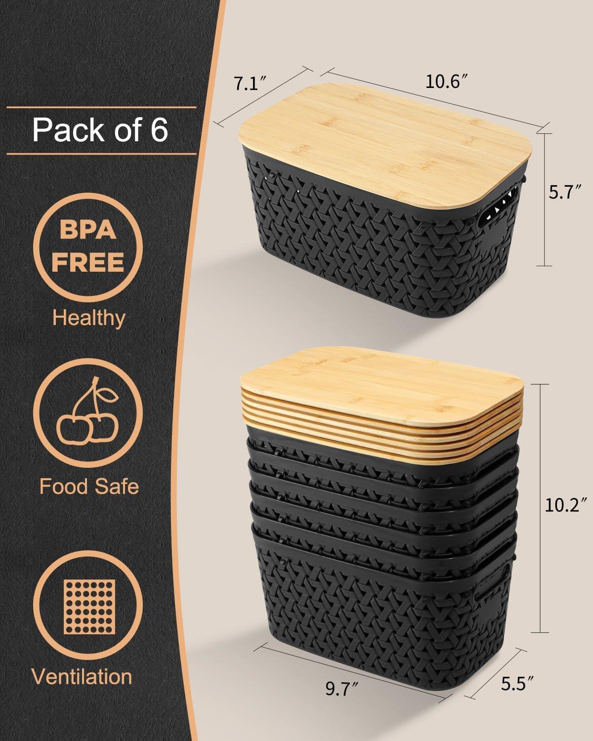 AREYZIN Plastic Storage Bins with Bamboo lids and Stackable Storage Baskets for Shelves Drawers Desktop Closet - Organize Your Home or Office with These Space-Saving Storage Solution,Black