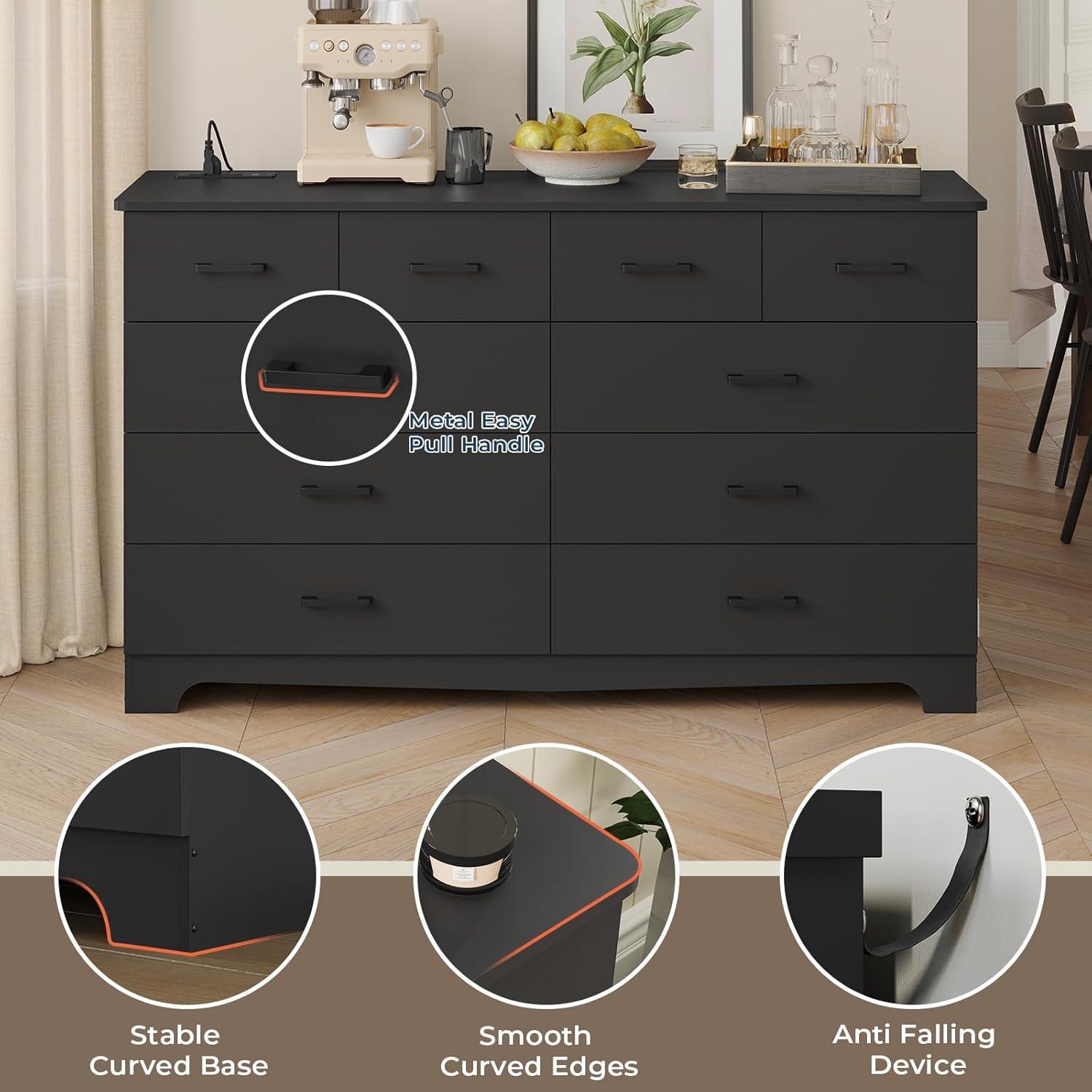 10 Drawers Dresser for Bedroom, Chest of Drawers with Charging Station, Bedroom Storage Organizer, Black