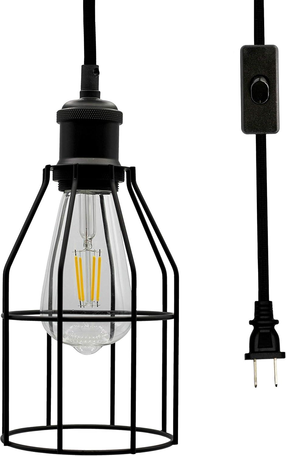Industrial Hanging Pendant Light with Plug in Cord, Vintage Wire Cage Lamp for Kitchen Island Dining Room Farmhouse, 15 Cord with On Off Switch (Matte Black)