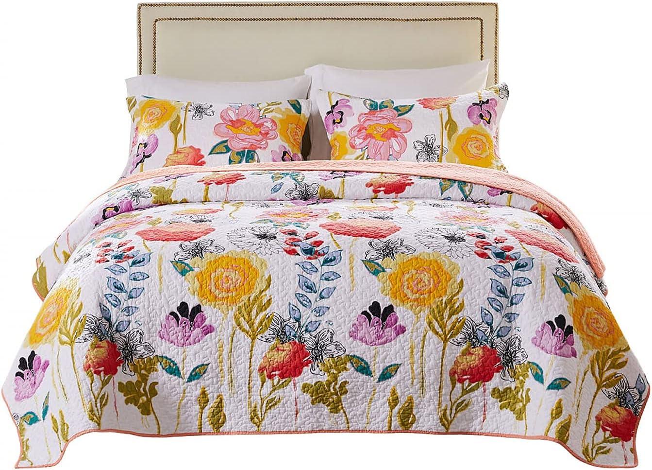 Multicolor Floral Cotton Twin Quilt and Sham Set