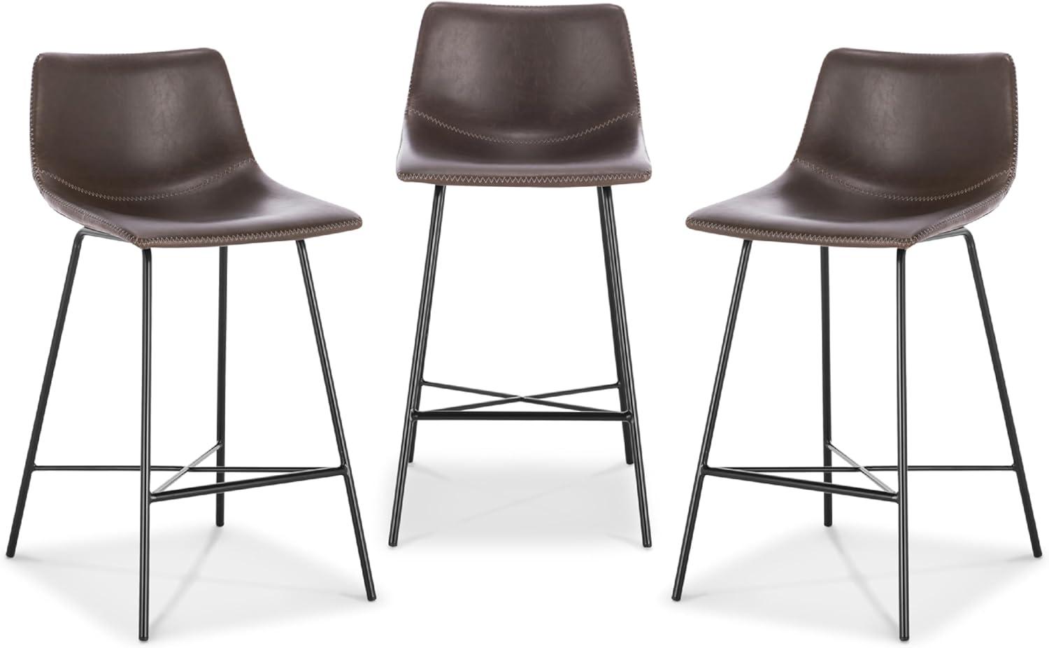 5Rcom 600 lbs Counter Height Bar Stools Set of 3, 24 Inch Faux Leather Barstools with Back, Bar Chairs with Metal Legs for Kitchen Island, Dining Room, Party Room & Restaurant, (Brown)