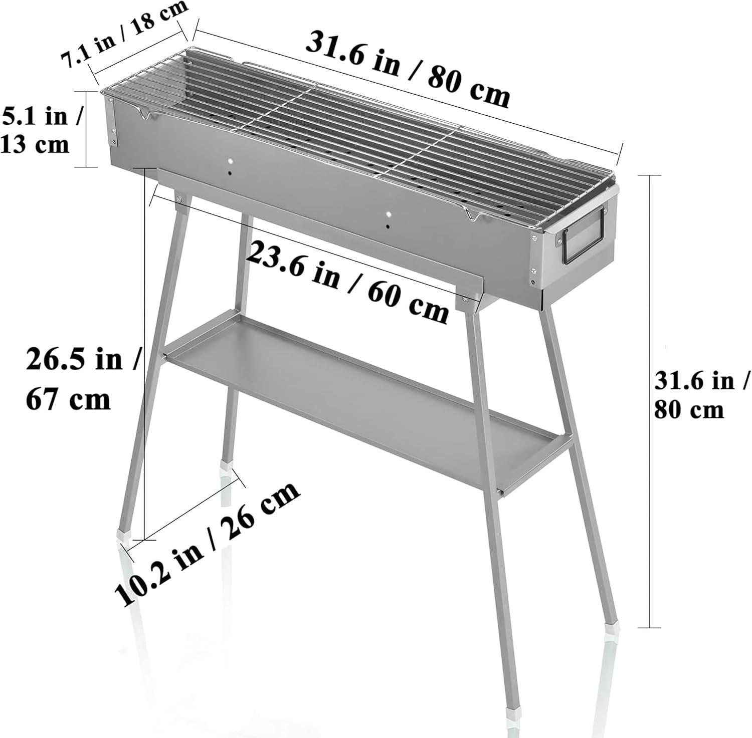 Portable Charcoal Grills, 32" x 8" Stainless Steel Folded Camping Grill Kebab Skewer BBQ Barbecue Grill Kit for Garden Backyard Party Picnic Travel Home Outdoor Cooking Use