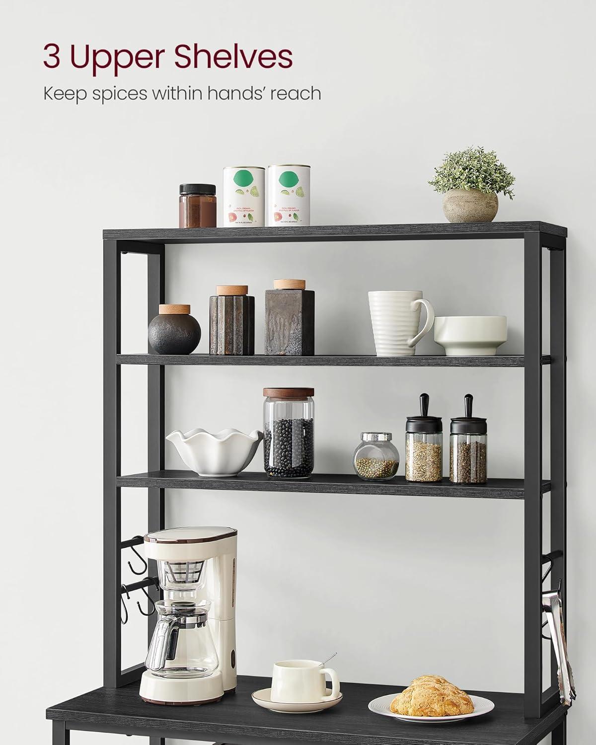 31.5 Inches Coffee Bar Baker's Rack for Kitchen with Storage, 6-Tier Shelves with 6 Hooks, Microwave Stand, Industrial Style, Charcoal Gray and Black UKKS019B22