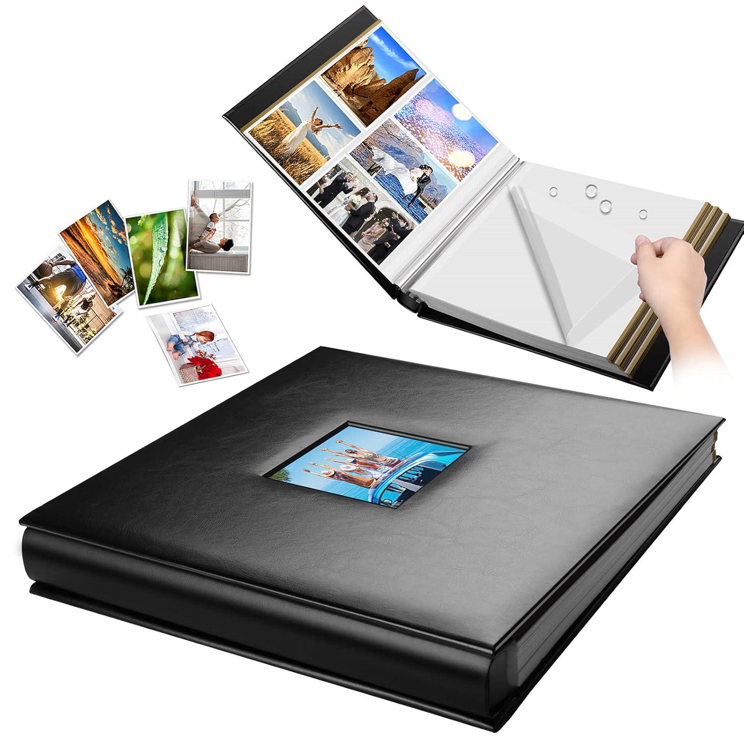 Photo Album Self Adhesive 80 Sticky Pages Leather Cover Scrapbook Photos Book for Christmas Gifts Wedding Large Picture Albums Hold 3x5 4X6 5X7 8X10 Black