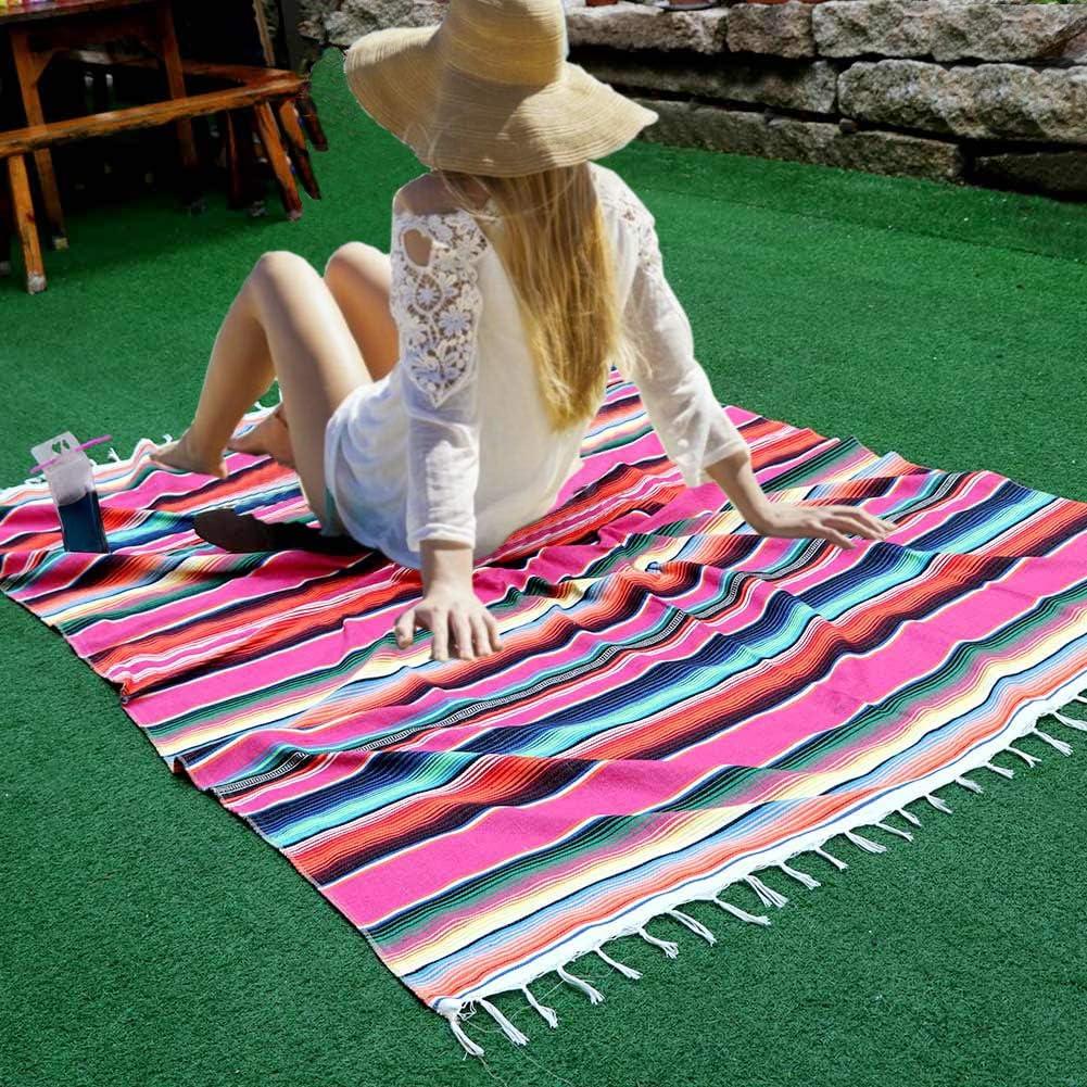 Pink Mexican Serape Cotton Tablecloth with Tassels