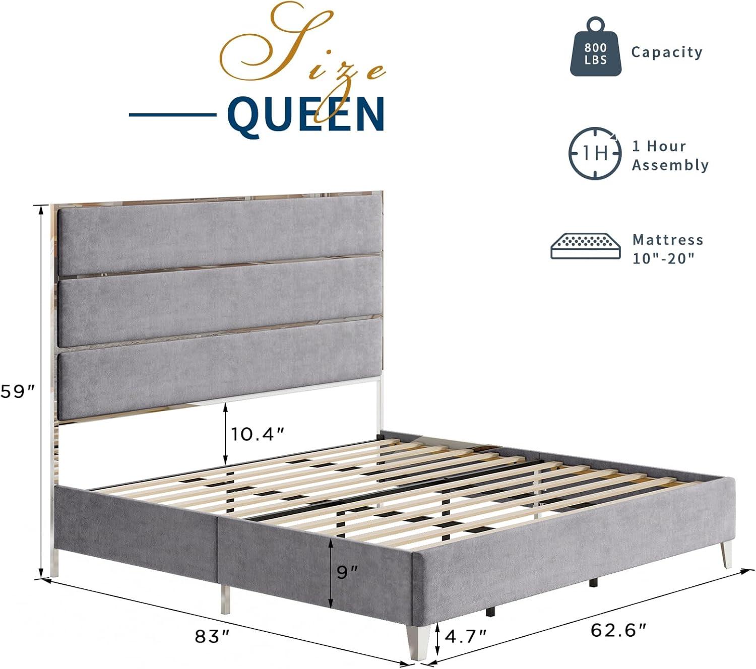 Queen Size Bed Frame with 59" Tall Headboard, Velvet Upholstered Platform Bed with Silver Mirrored Trim/No Box Spring Needed/Light Grey