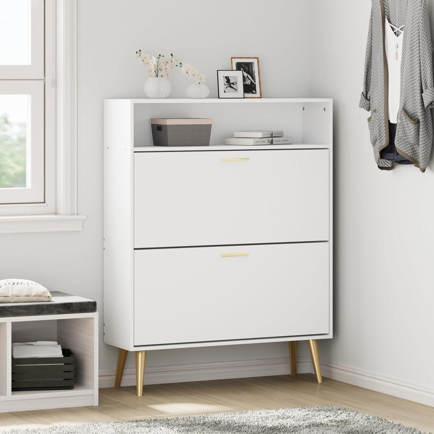 Shoe Cabinet Storage for Entryway  Freestanding Slim Shoe Organizer Cabinet with 2 Flip Drawers  Narrow Shoe Rack with Open Shelves for Hallway  Living Room  White