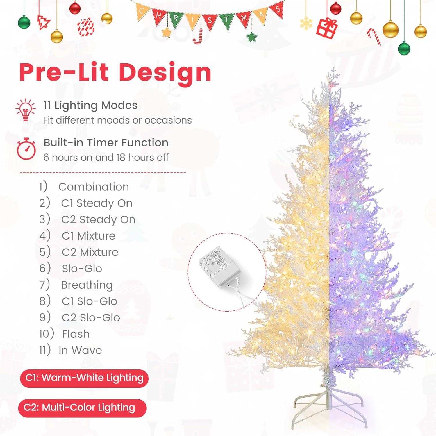 Tangkula 6FT Pre-lit Artificial Xmas Tree Hinged Christmas Tree with 383 Snow Flocked Branch Tips 300 Warm White & Multi-colored LED Lights