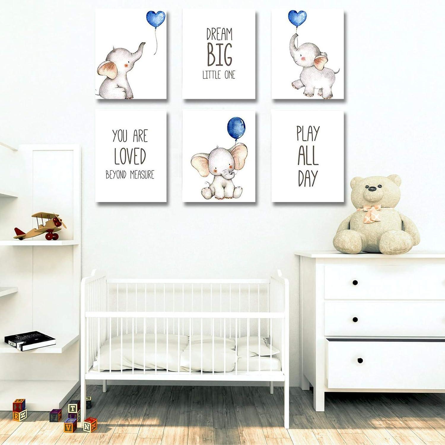 iMagitek Set of 6 Unframed Baby Boy Wall Art Prints, Blue Elephant Wall Decor with Balloons for Boy's Room (8" x 10")