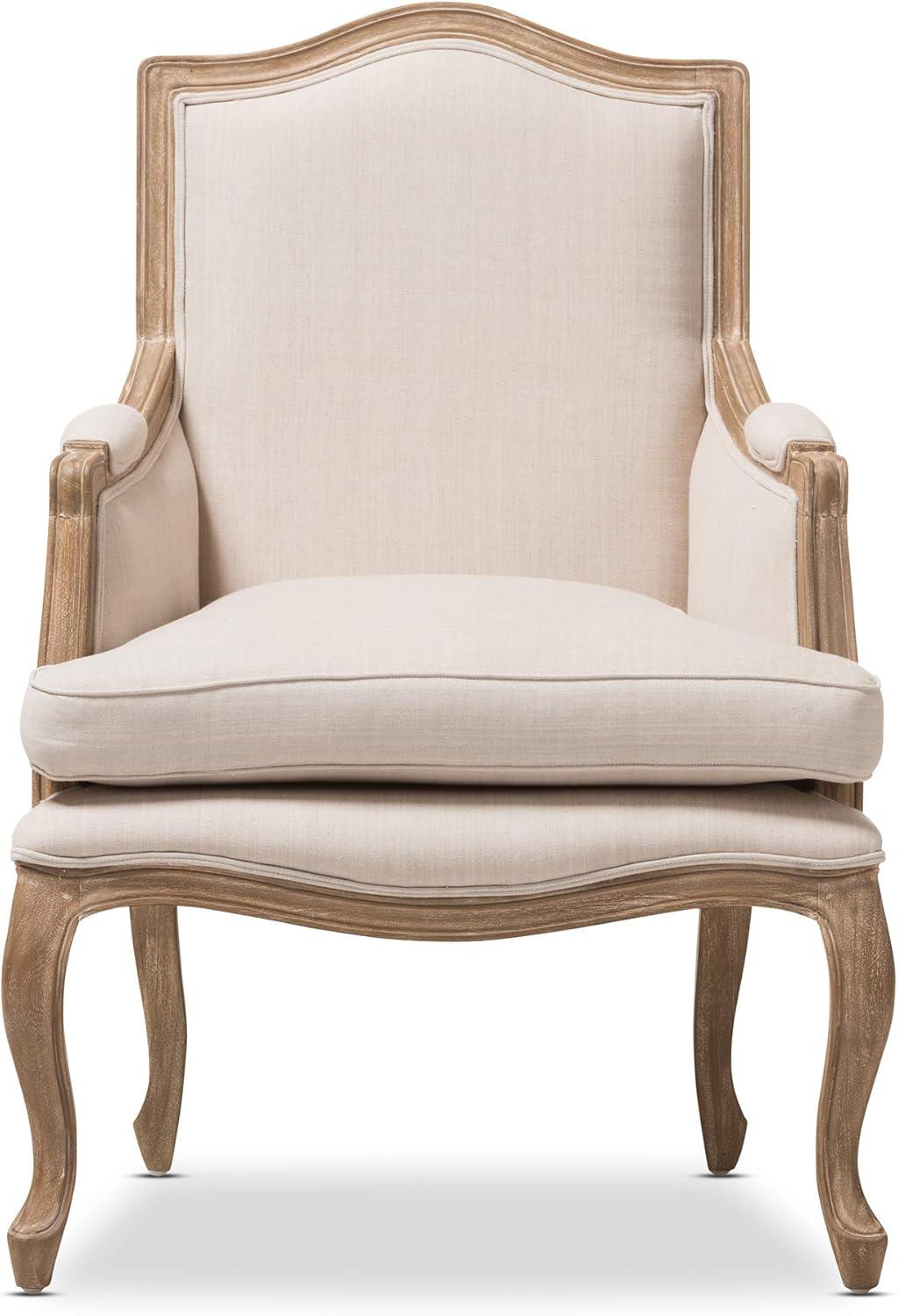 Beige Linen and Distressed Wood French Accent Chair