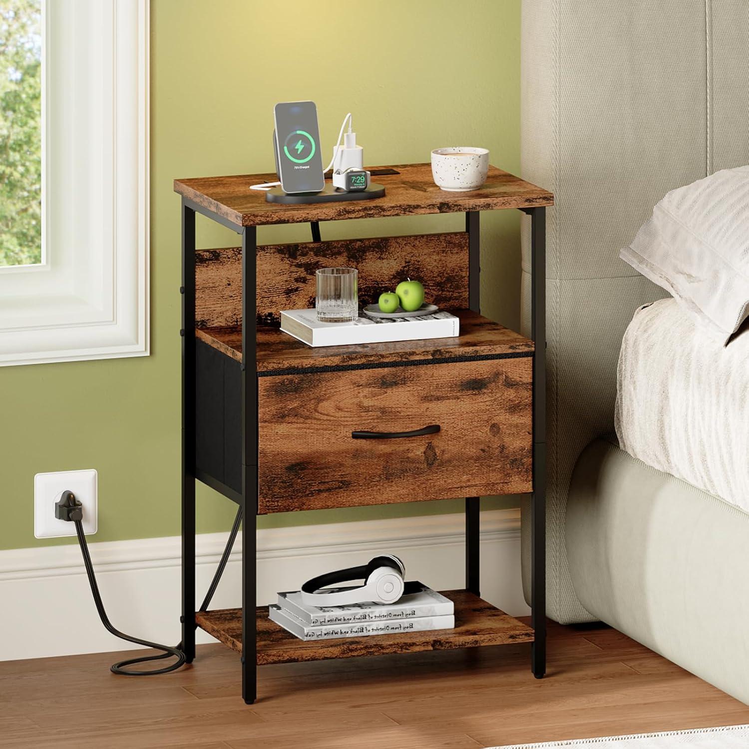 Somdot Bedside Table Set of 2 with Charging Station, LED and Storage Shelfs for Bedroom Living Room, Wood Grain Print