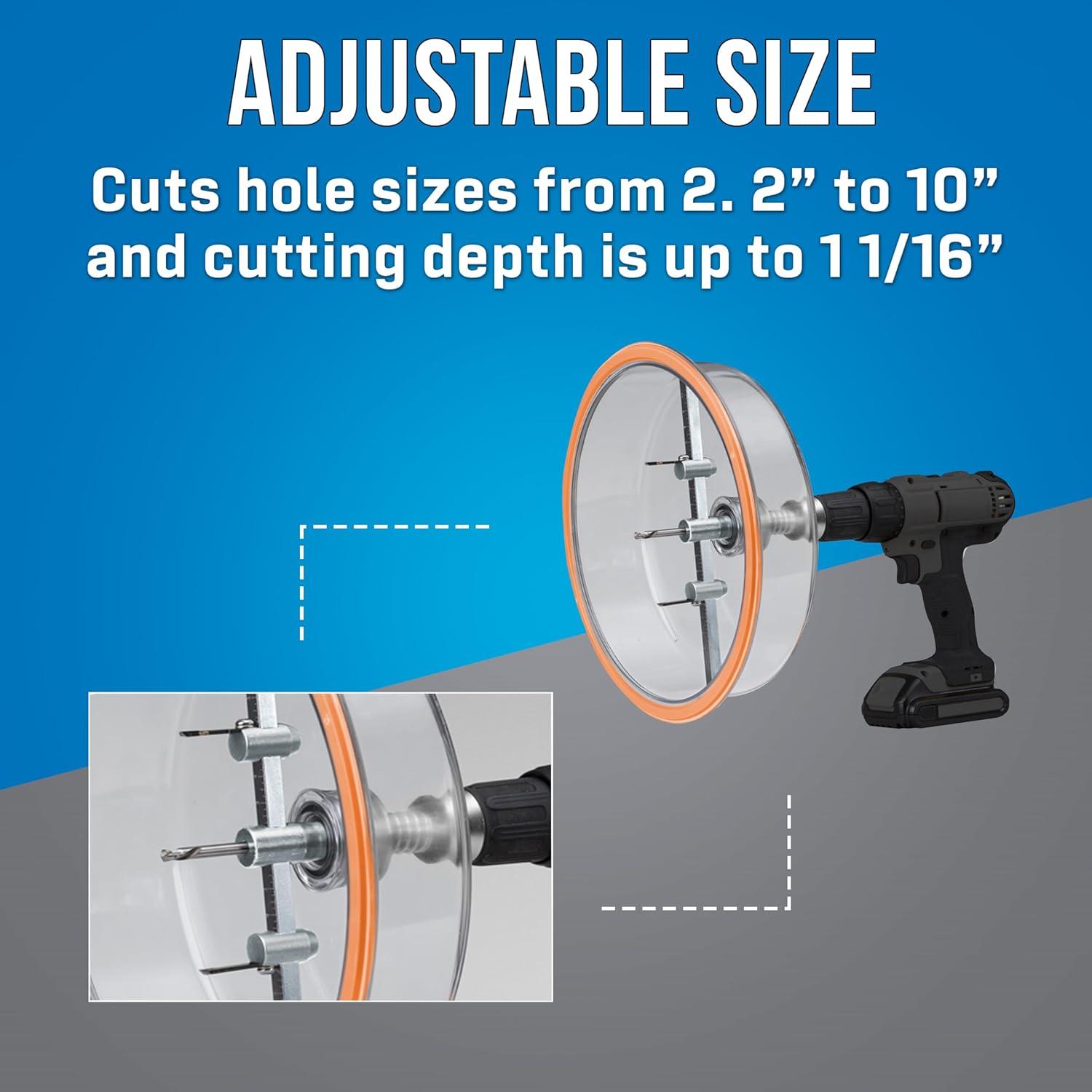 Jonard Tools AHC-10, Professional Grade Round Hole Saw Cutter, Includes Dust Shield and Case, Cuts Plywood Plasterboard Sheetrock Acrylic Up to 1 1/16” Thick, Adjustable Hole Size 2.2” to 10”, Silver