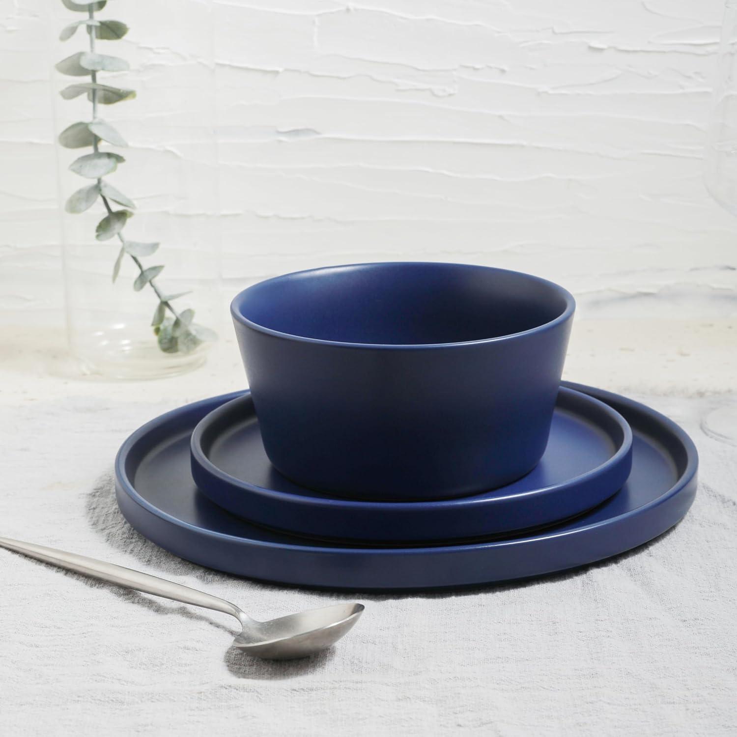 Blue Ceramic 16-Piece Solid Dinnerware Set for 8