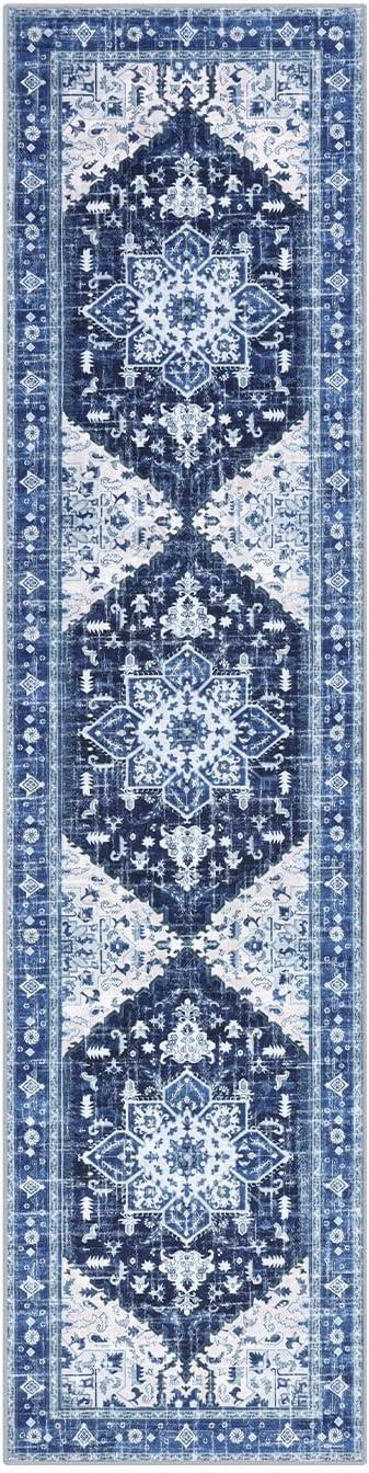 Blue Floral Low Pile Bohemian Runner Rug