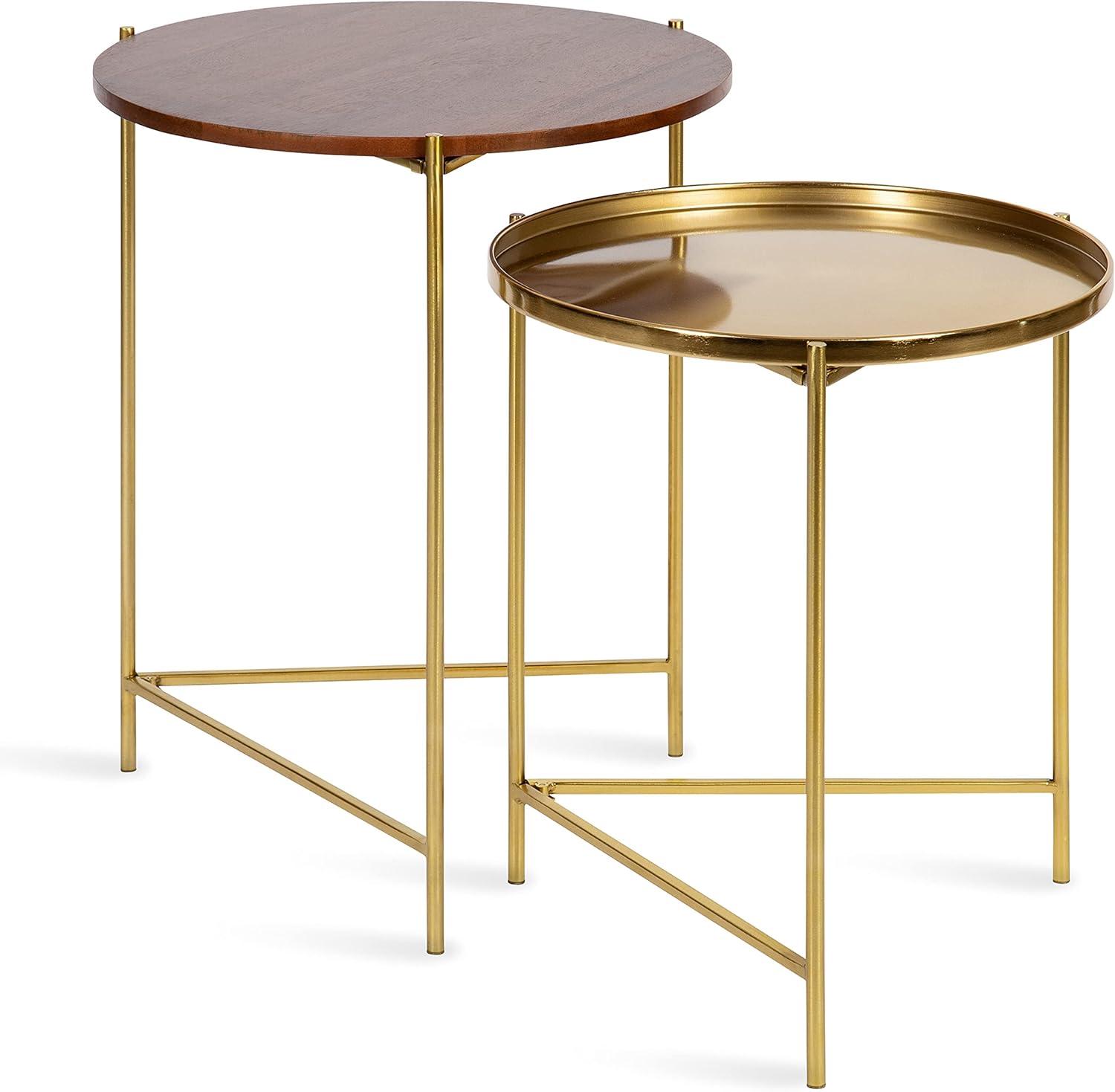 Kate and Laurel Ulani Round Wood Nesting Table, 2 Piece, Walnut Brown and Gold