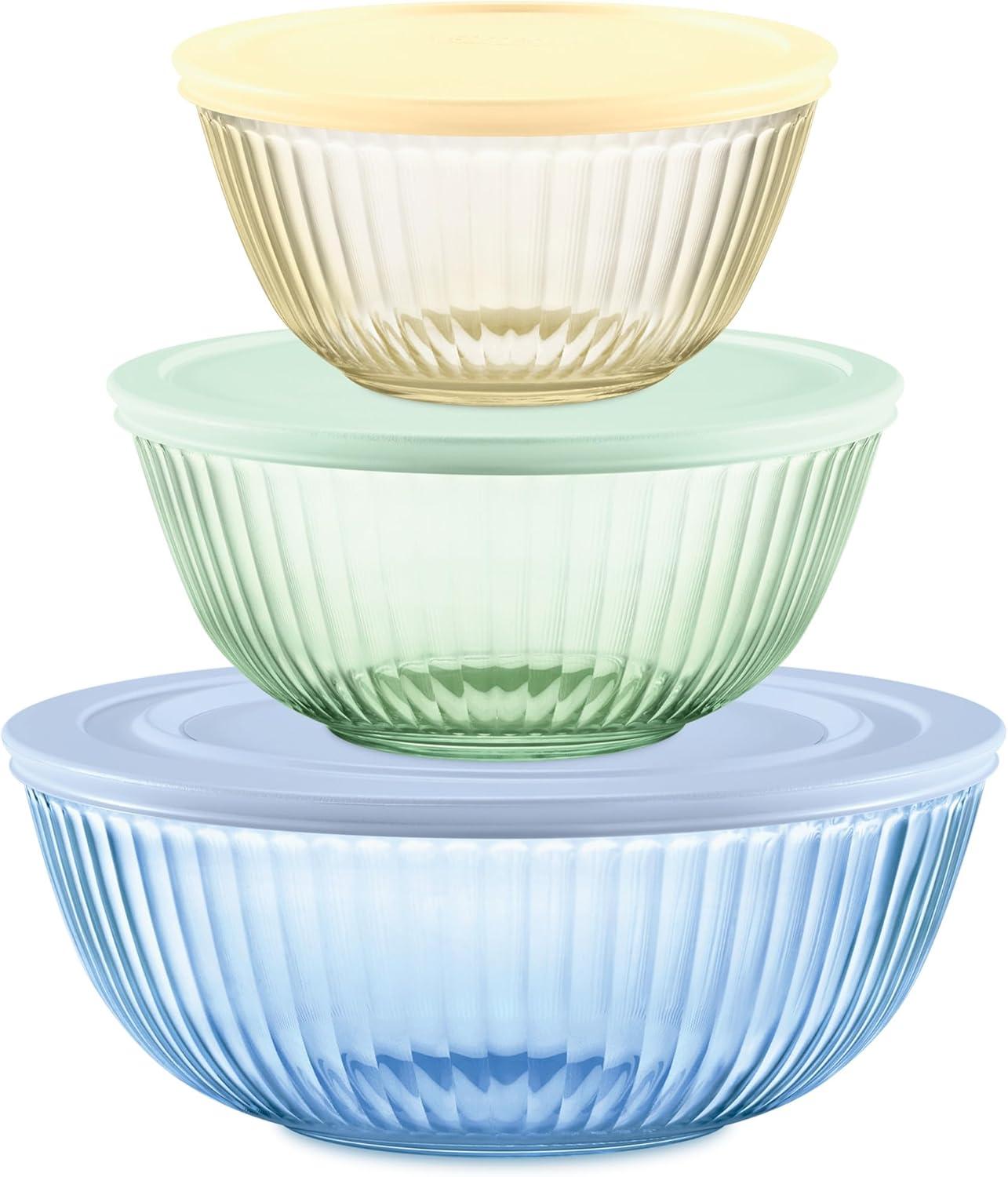 Pyrex Colors (3-Pack, Full Set) Sculpted Tinted Glass Mixing Bowls With Lids, Nesting Space Saving Set of Bowls For Prepping and Baking, 1.3QT, 2.3QT & 4.5Q