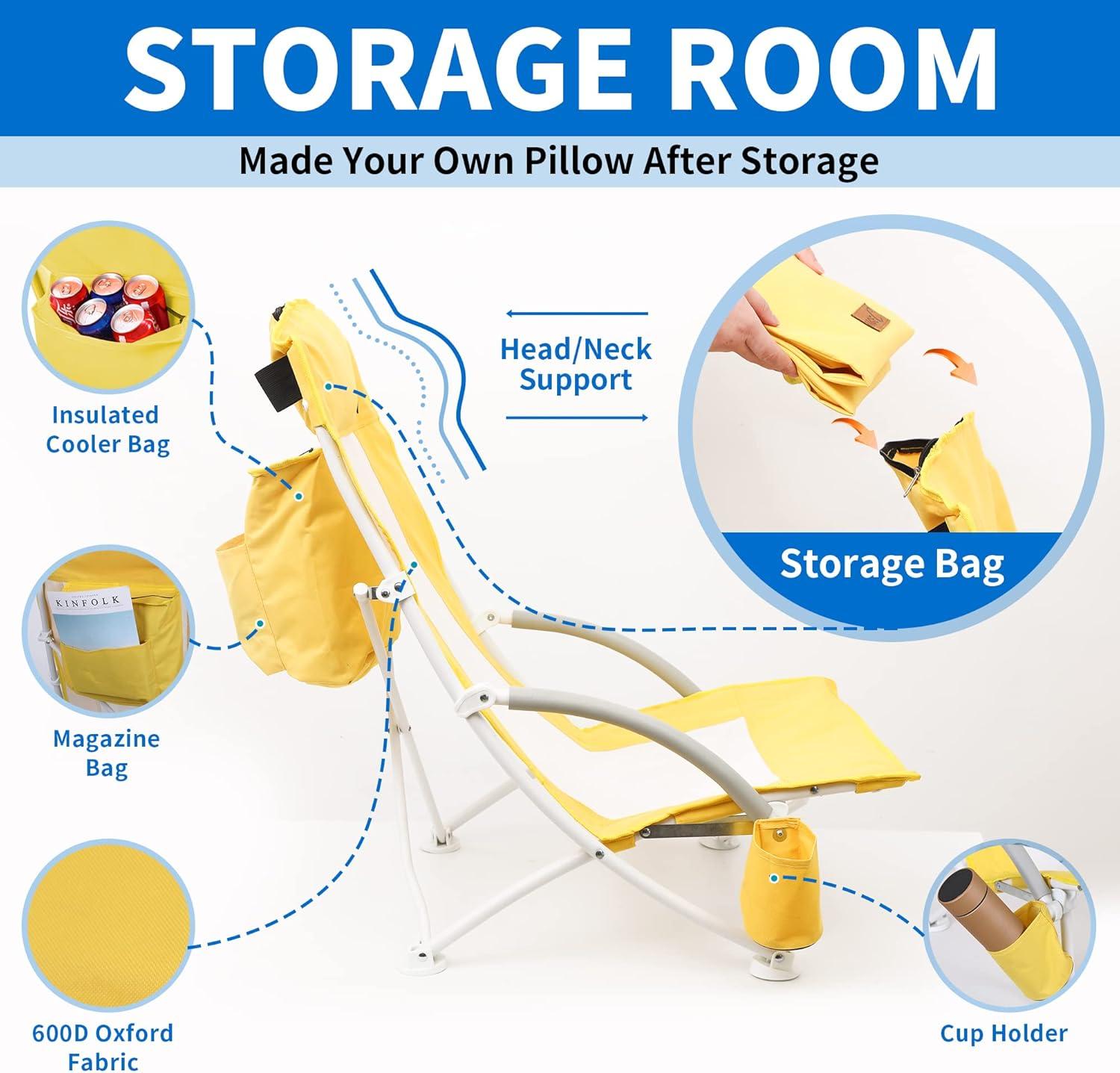 Nice C Beach Chair, Beach Chairs for Adults, w/Cooler&Umbrella, Compact High Back, Cup Holder & Carry Bag & Heavy Duty Outdoor, Camping, BBQ, Travel, Picnic (Set of 1 Yellow)