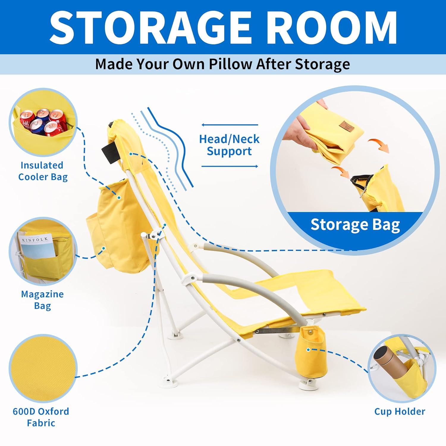 Nice C Beach Chair, Beach Chairs for Adults, w/Cooler&Umbrella, Compact High Back, Cup Holder & Carry Bag & Heavy Duty Outdoor, Camping, BBQ, Travel, Picnic (Set of 1 Yellow)