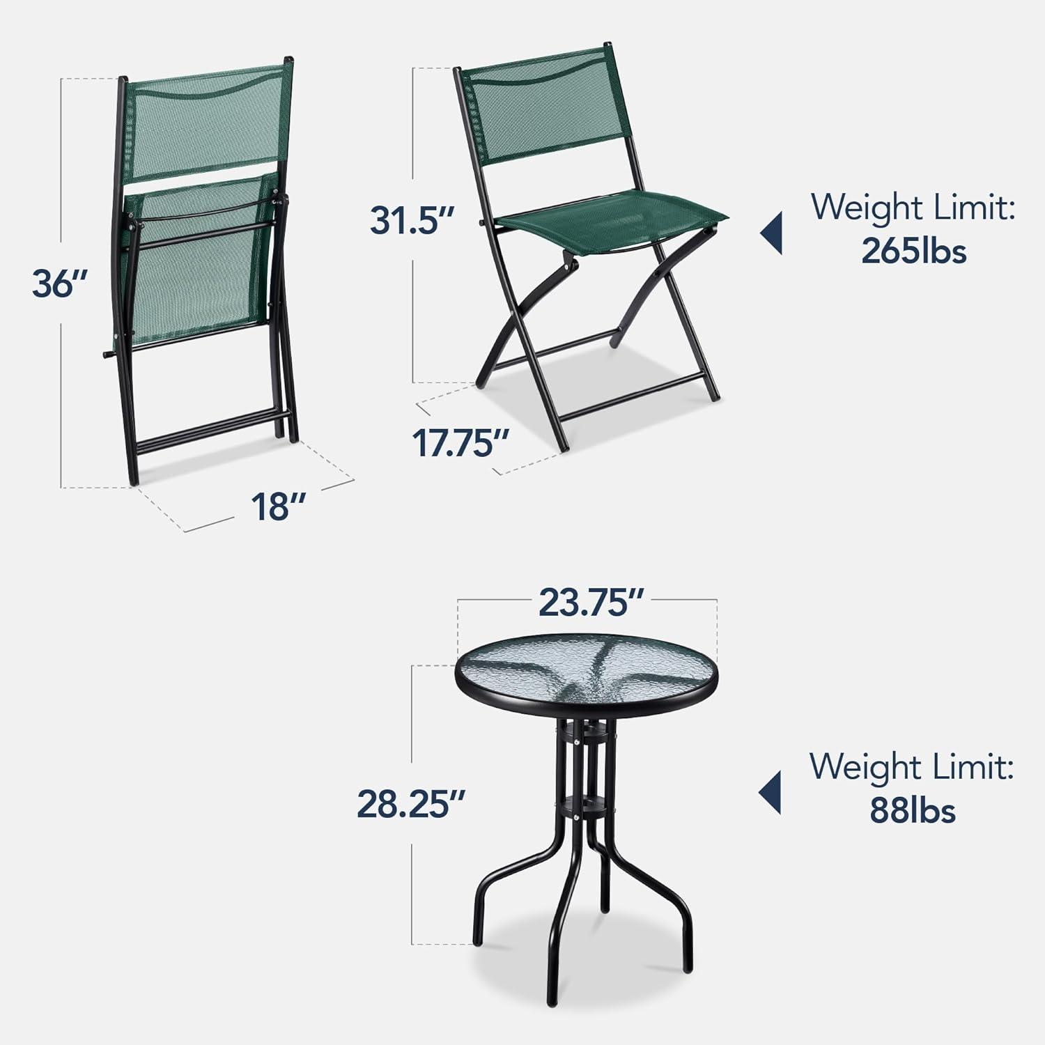 Best Choice Products 3-Piece Patio Bistro Dining Furniture Set w/ Glass Tabletop, Folding Chairs - Dark Green