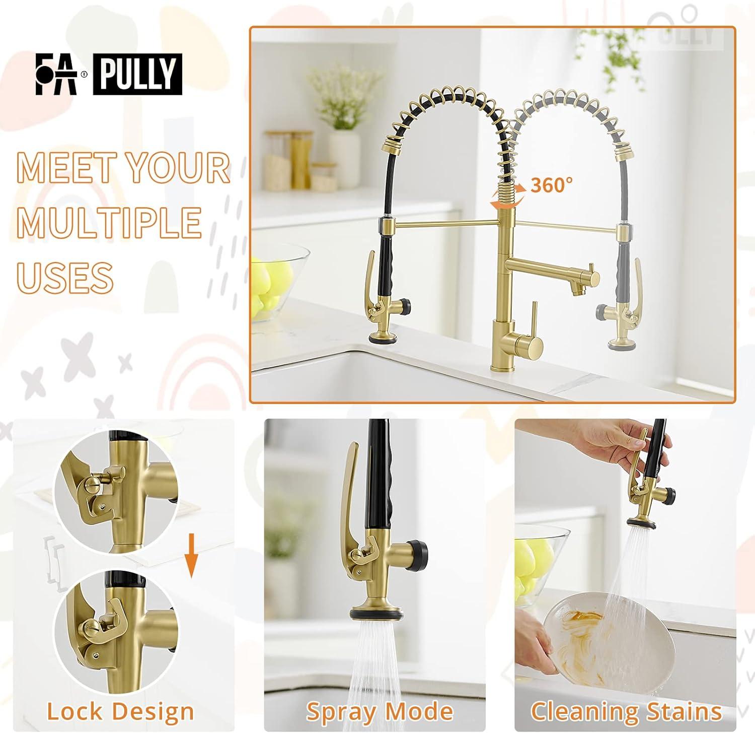 Contemporary Kitchen Sink Faucet, Single Handle Brass Spring Kitchen Faucet with Pull Down Sprayer, Rotatable Pull-Out Kitchen Mixer Tap, Brushed Gold