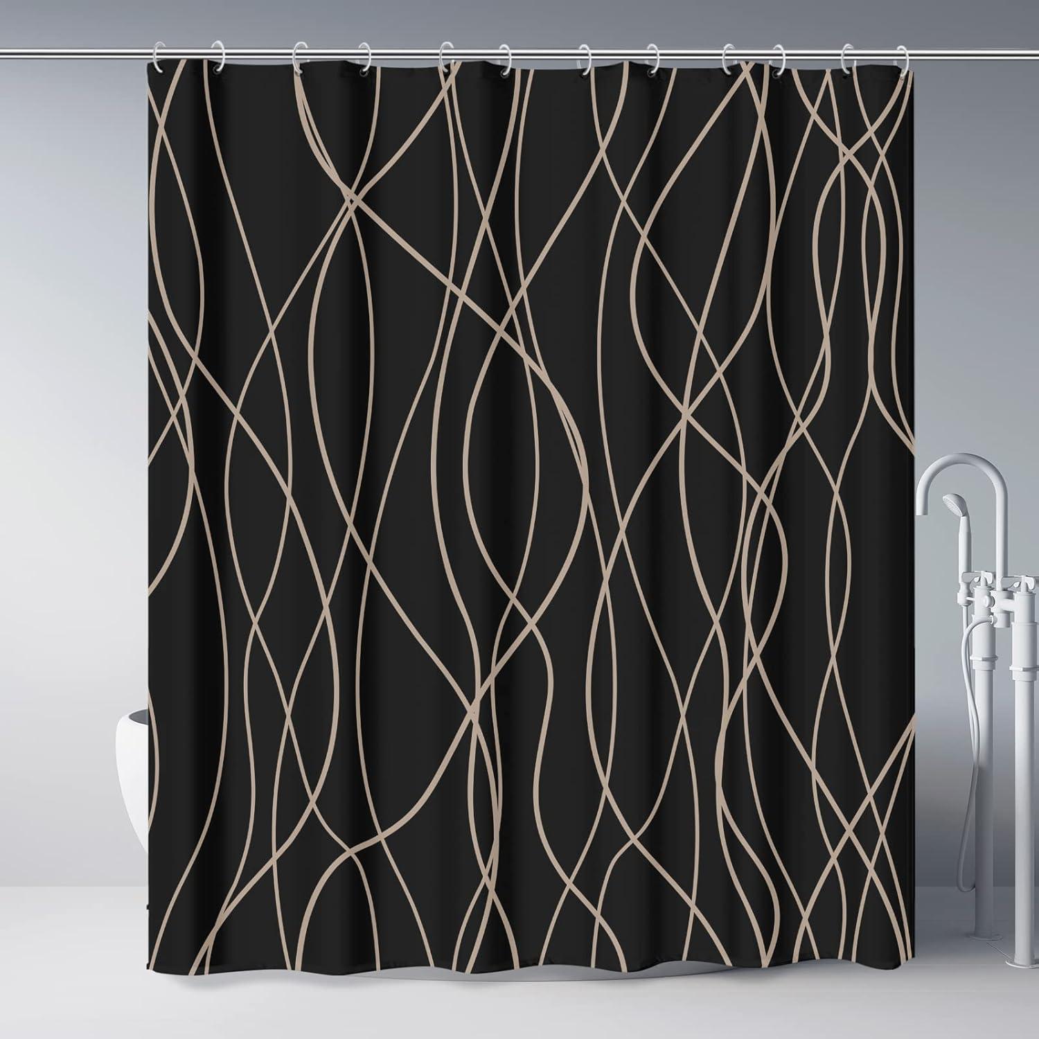 Black and Brown Striped Wavy Line Fabric Shower Curtain for Bathroom with 12 Hooks, Shower Curtains for Bathroom 72 Inches Long, Weighted Hem,Waterproof Bath Accessories Hotel Style