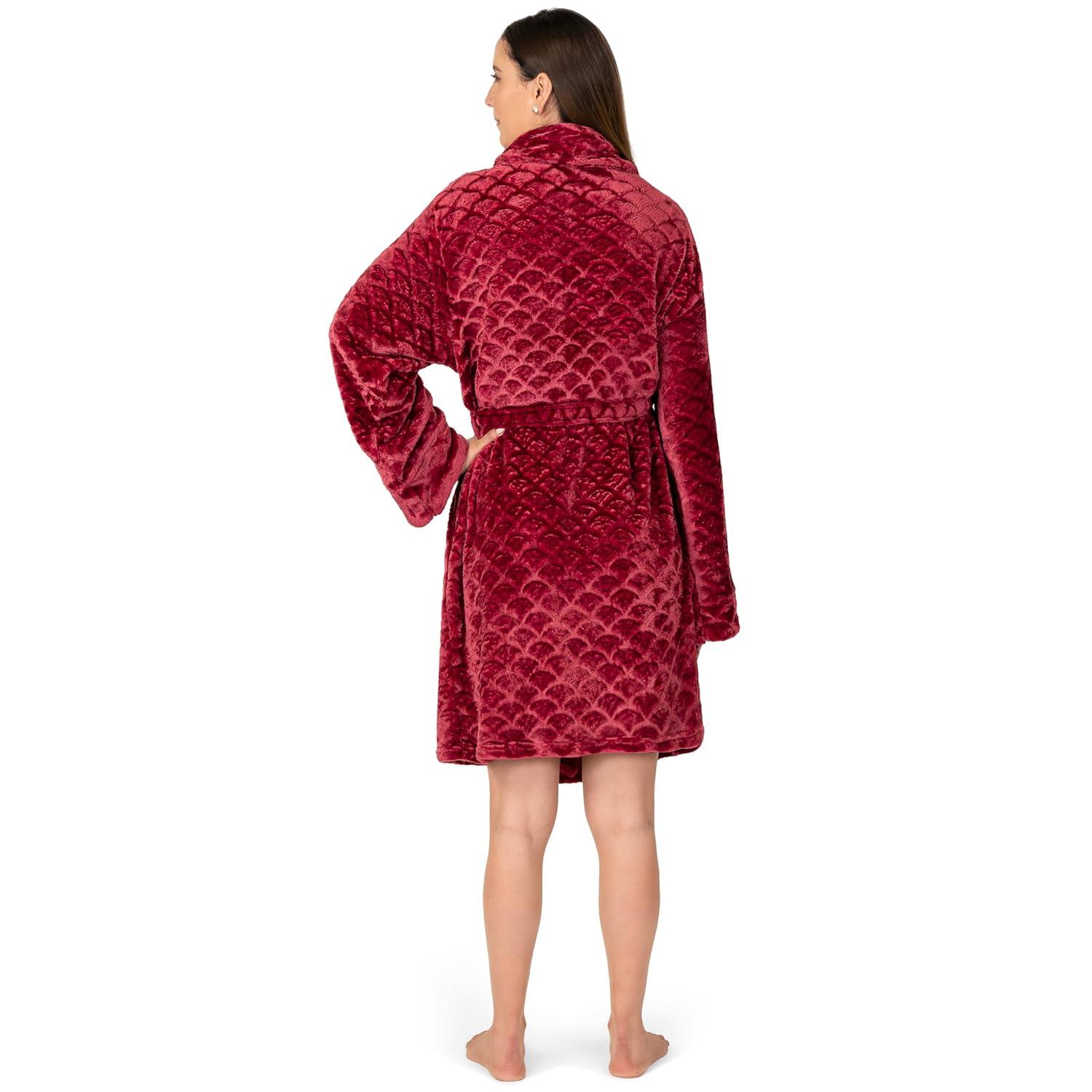 PAVILIA Short Robes for Women, Plush Soft Bathrobe Womens Lightweight, Fluffy Fuzzy Robe Knee Length, Shower Spa (Dark Red, Large-X-Large)