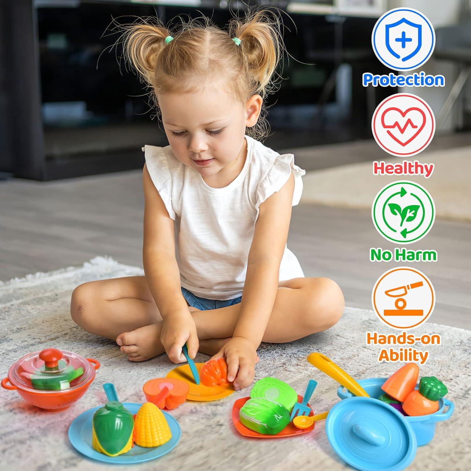 Fun Little Toys 54Pcs Play Dishes Set for Kids Kitchen, Pretend Play Pots, Pans & Food Toys, Toddler Cooking Set